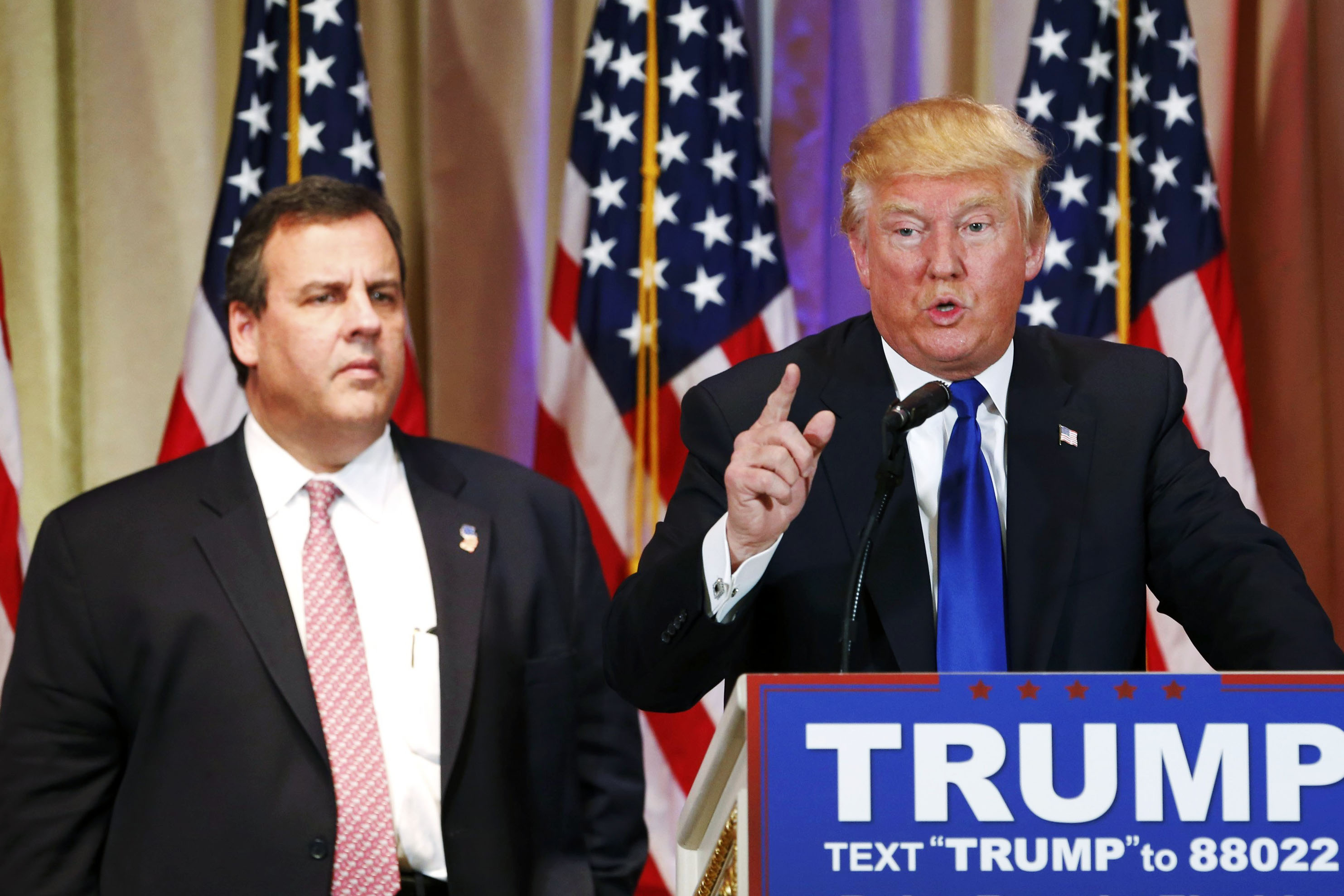 Republican presidential candidate Donald Trump, with New Jersey Gov. Chris Christie at his side, speaks about the results of Super Tuesday voting during a news conference in Palm Beach, Fla. on March 1, 2016.