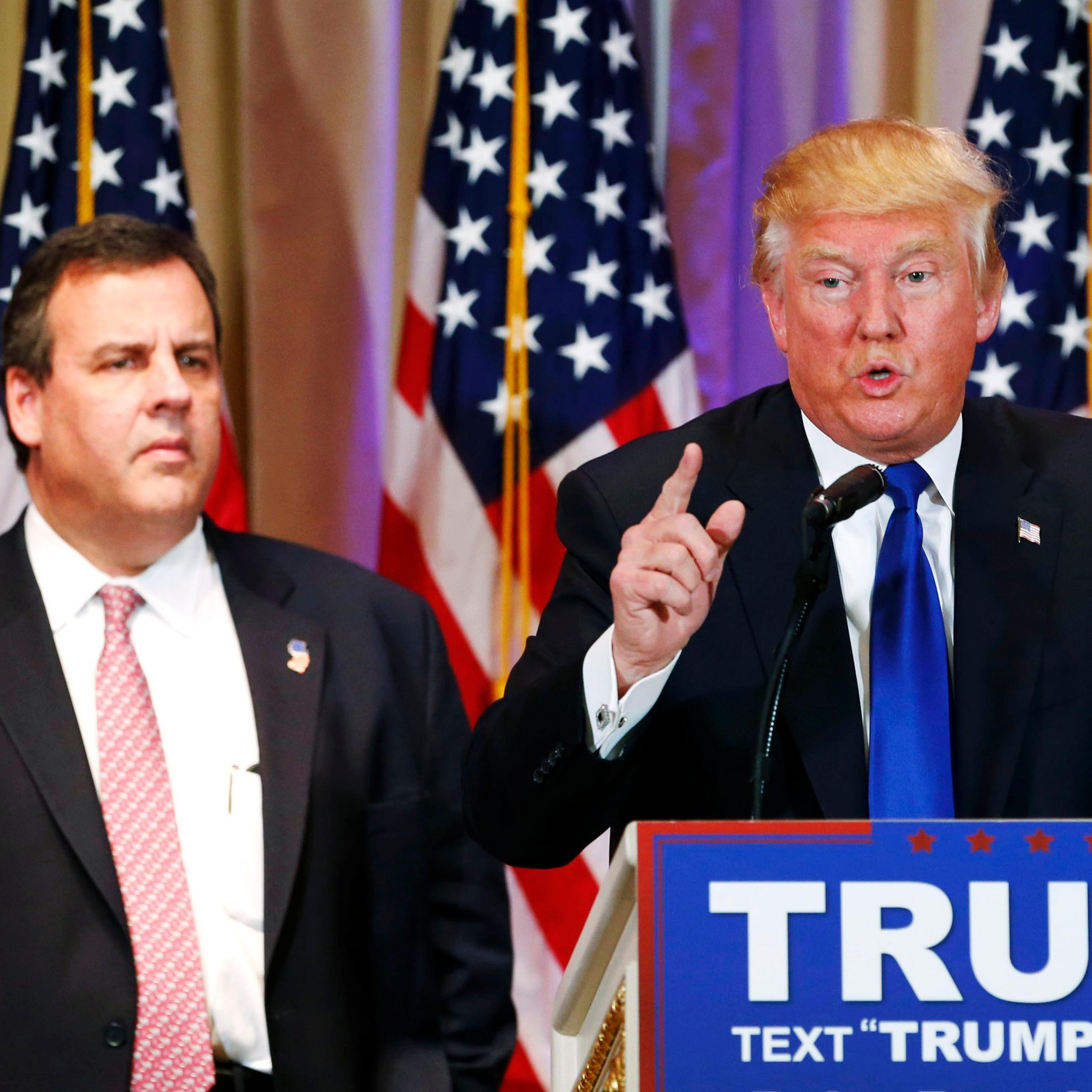 Republican presidential candidate Donald Trump, with New Jersey Gov. Chris Christie at his side, speaks about the results of Super Tuesday voting during a news conference in Palm Beach, Fla. on March 1, 2016.