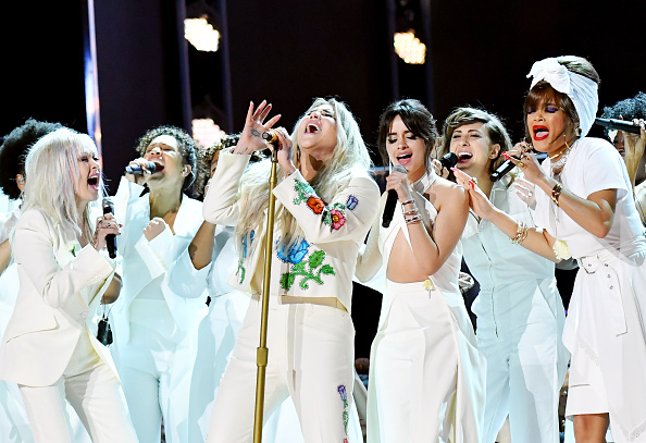 Recording artists Bebe Rexha, Cyndi Lauper, Kesha, Camila Cabello, Andra Day and Julia Michaels perform onstage during the 60th Annual GRAMMY Awards at Madison Square Garden on January 28, 2018 in New York City.