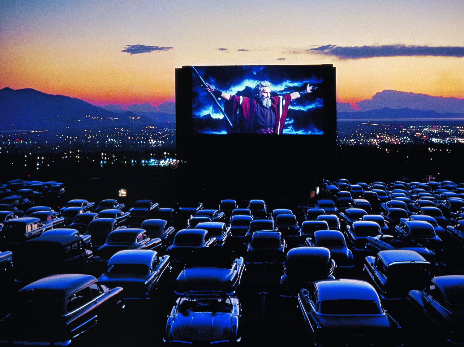 Charlton Heston as Moses in The Ten Commandments, drive-in theater, Utah, 1958.