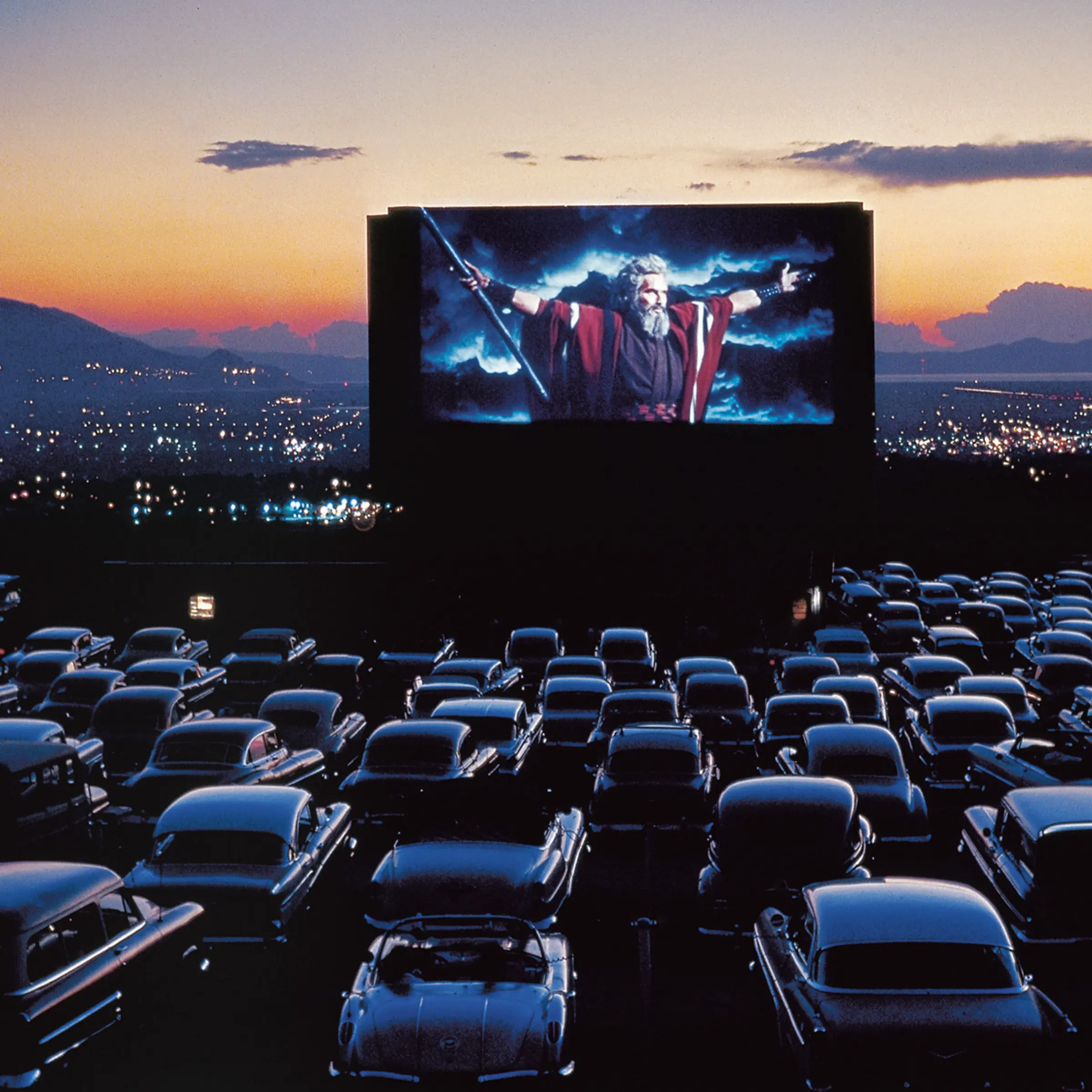Charlton Heston as Moses in The Ten Commandments, drive-in theater, Utah, 1958.