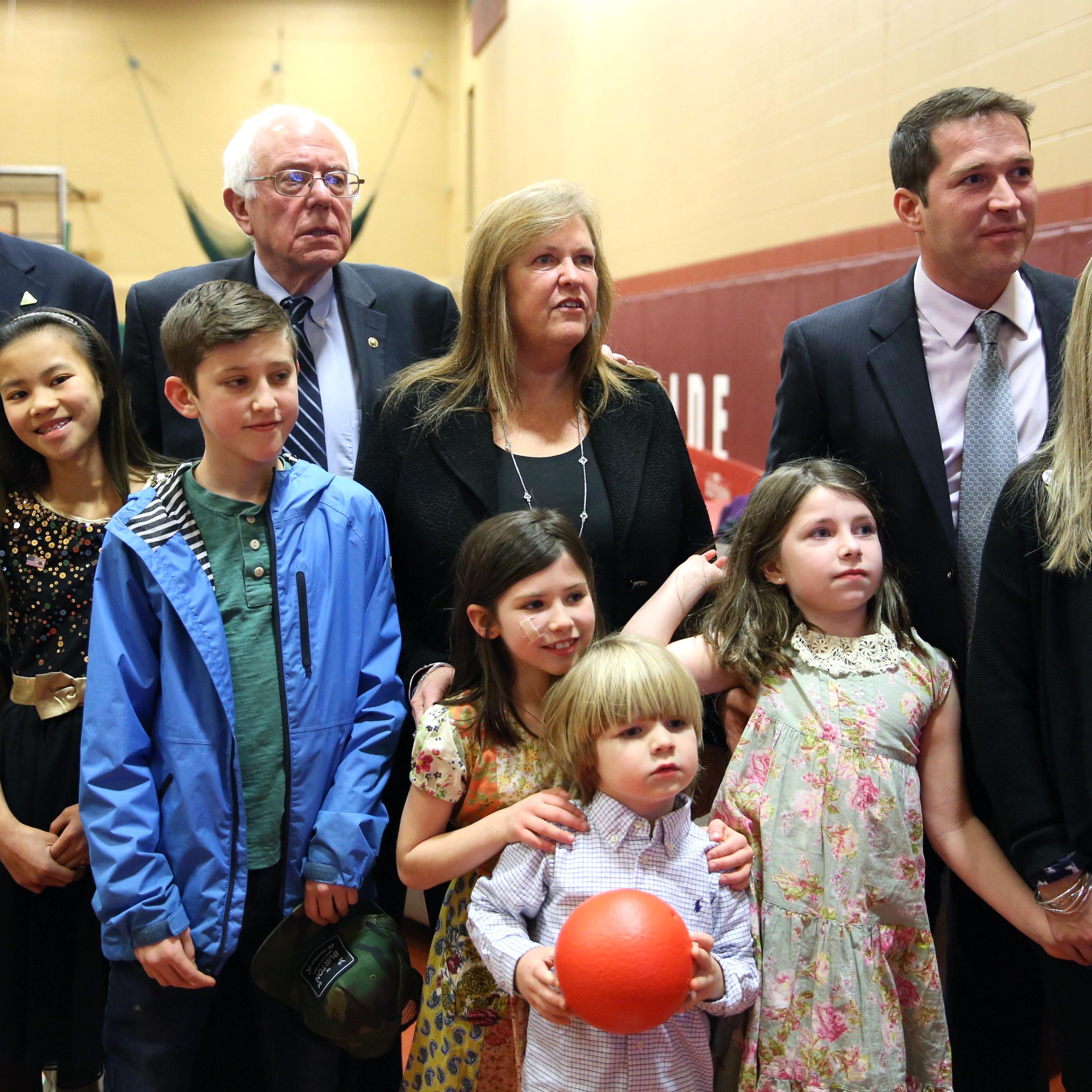 Vermont Sen. Bernie Sanders watches primary returns with his family on election night in Concord, N.H.,on Feb. 9, 2016.