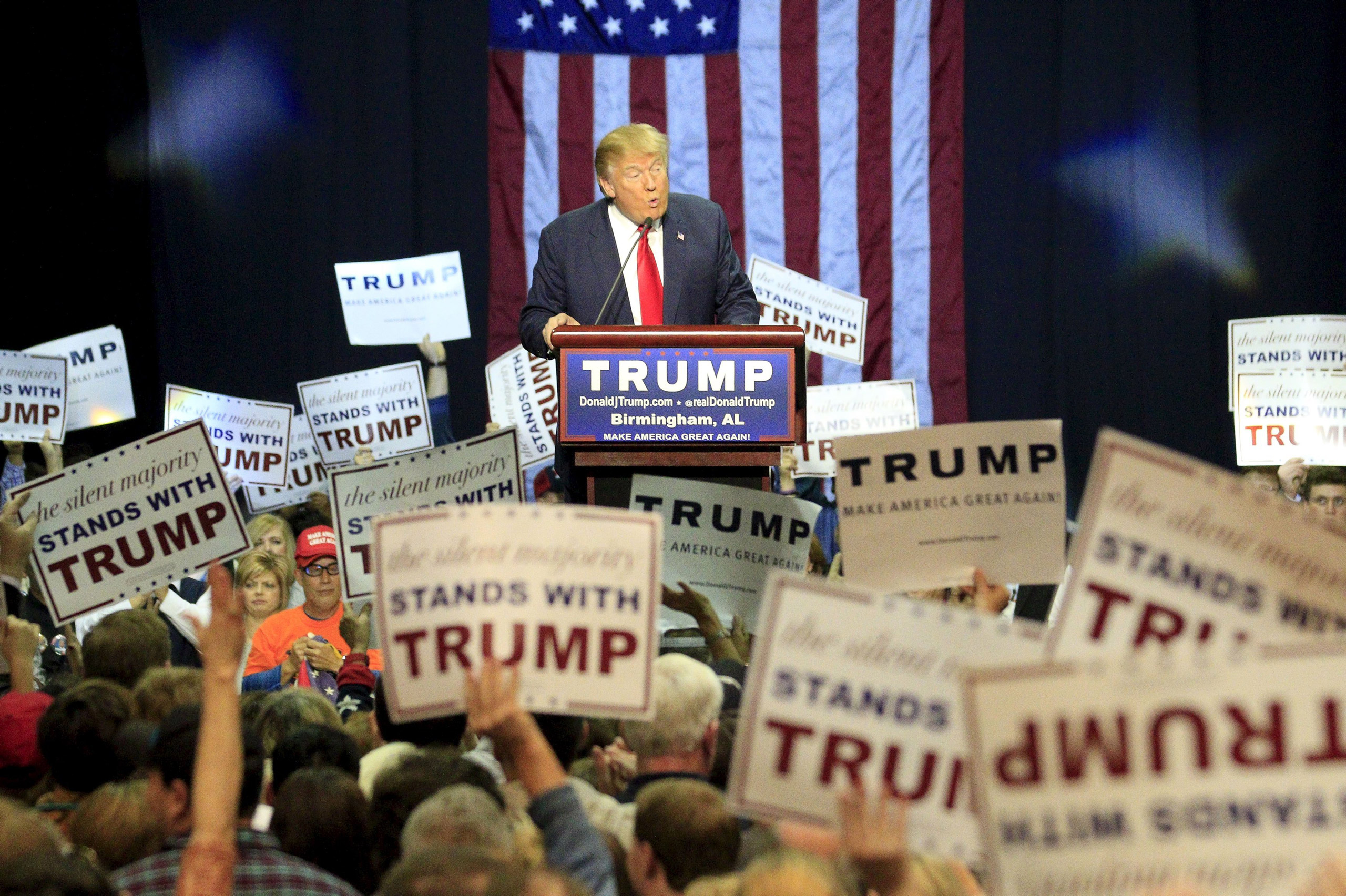 U.S. Republican presidential candidate Donald Trump speaks at a rally at the Birmingham Jefferson Civic Complex in Birmingham