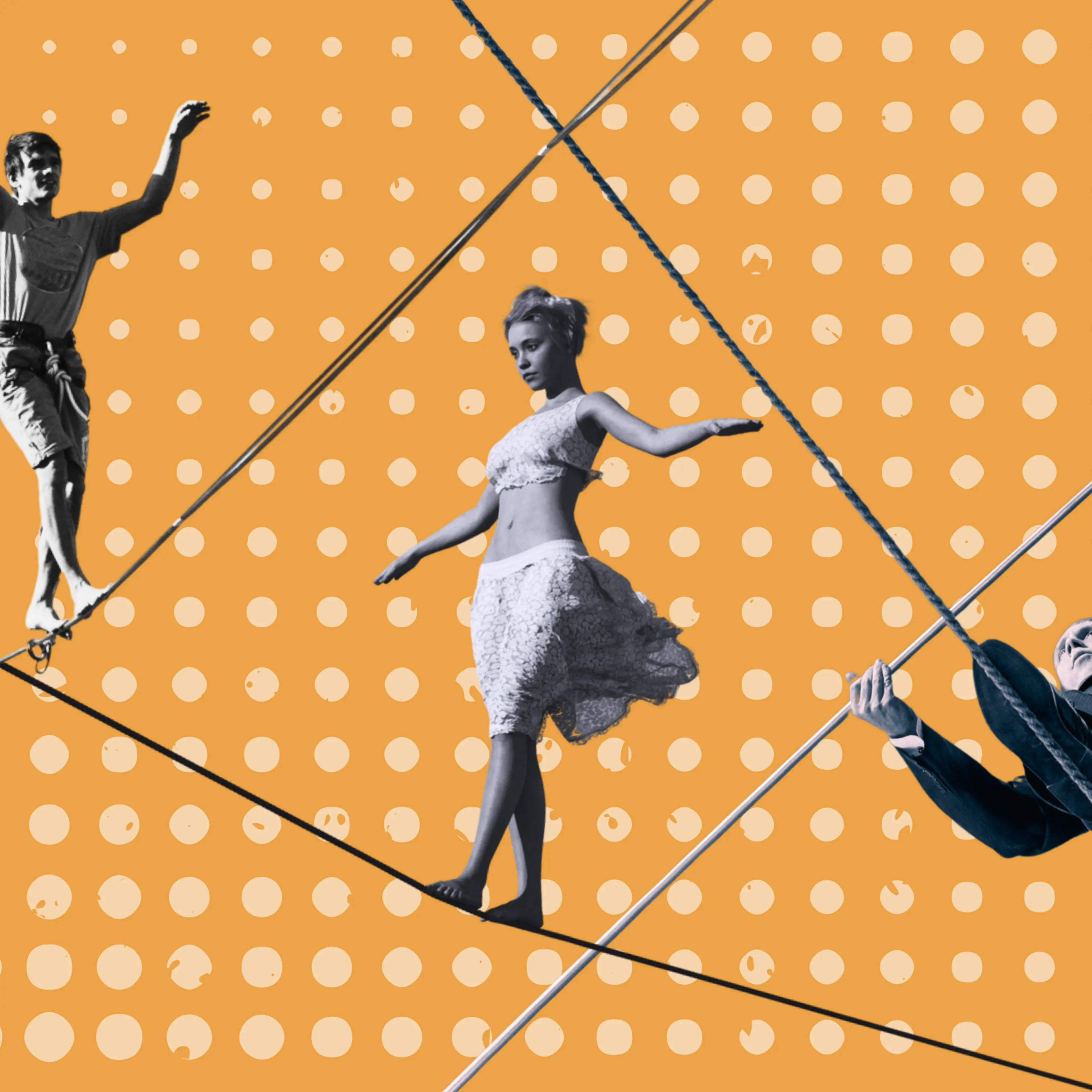 A collage of people balancing on ropes