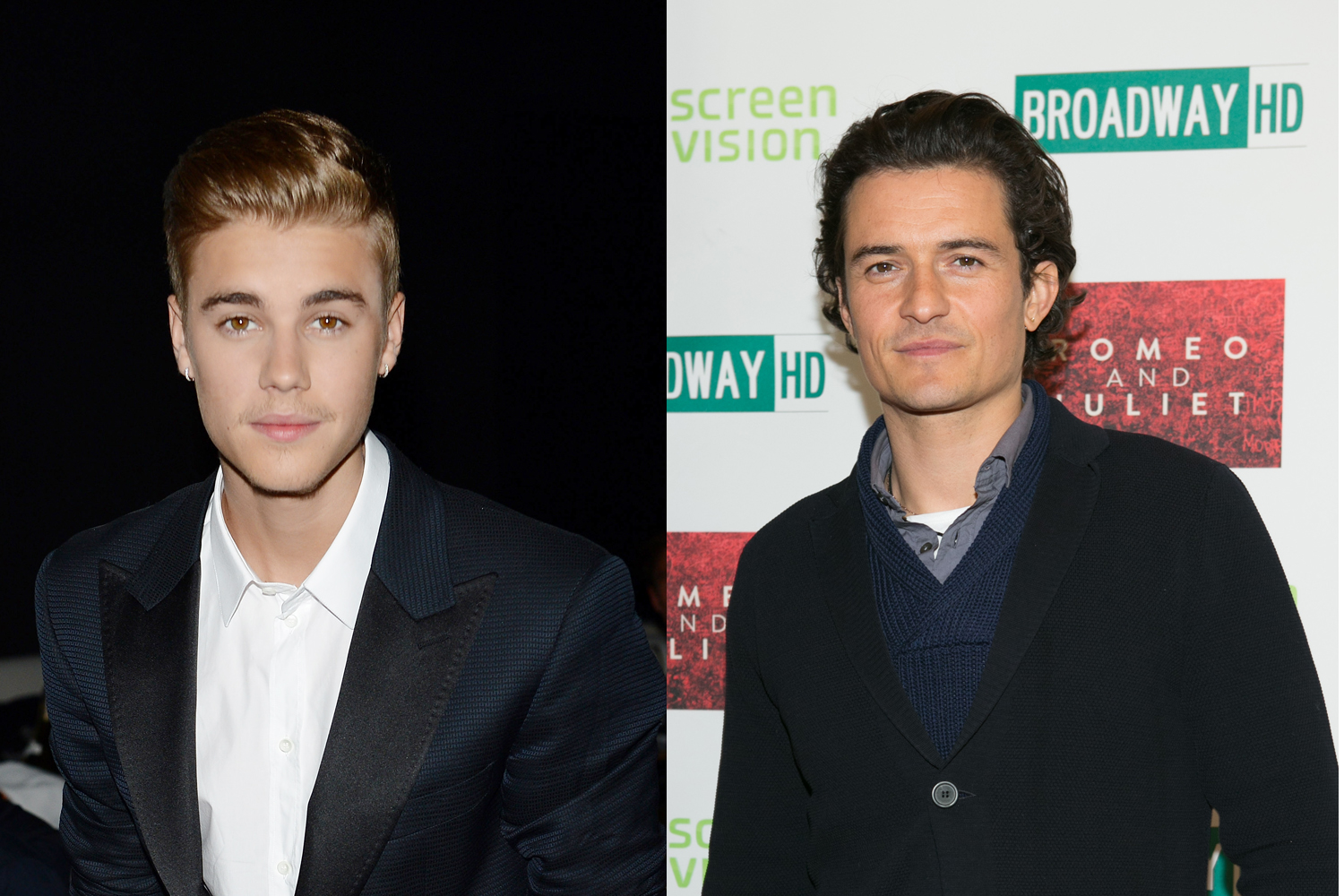 Justin Bieber (L) and Orlando Bloom (R)