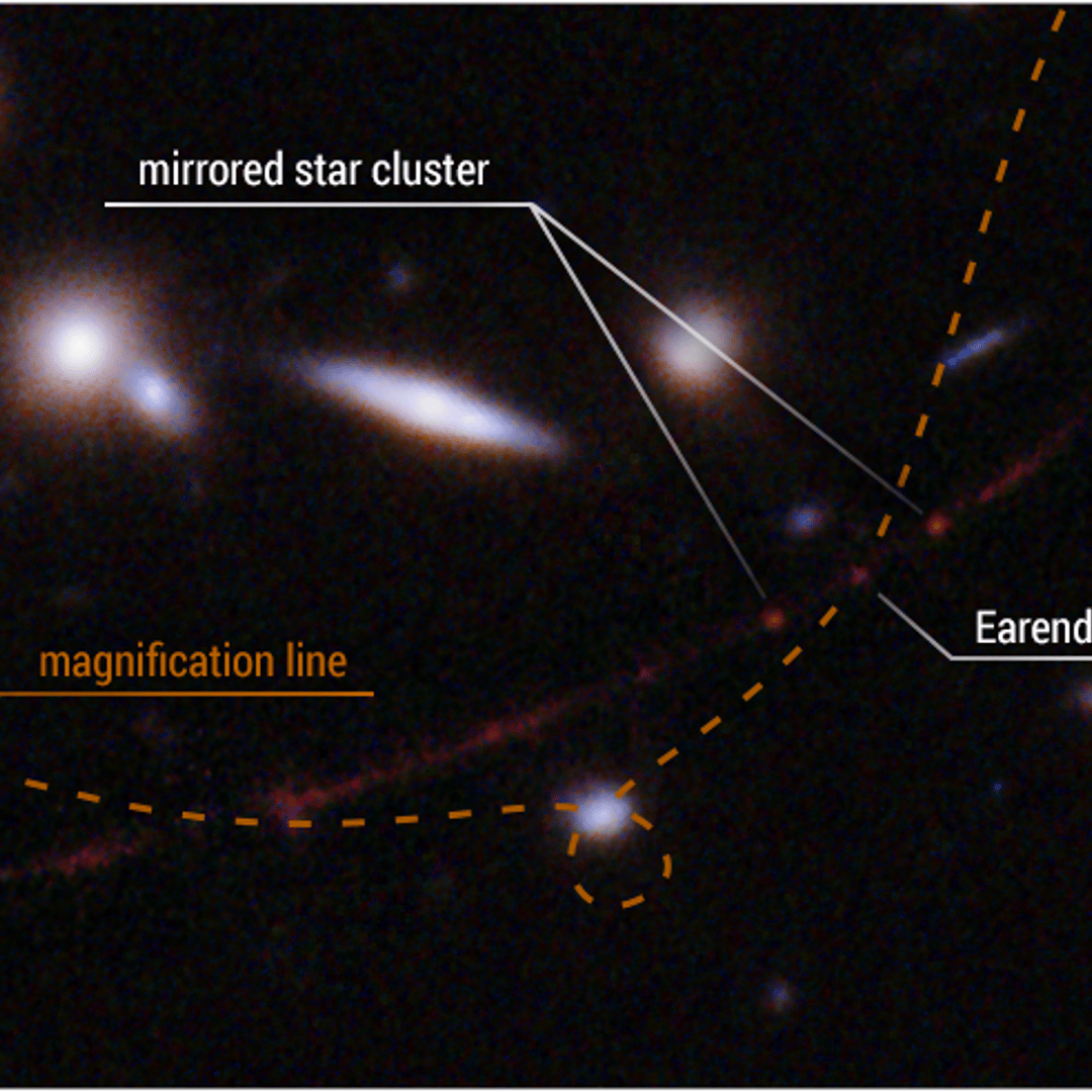 A Hubble image and NASA annotation show the location of Earendel and the gravitational lensing that made its detection possible