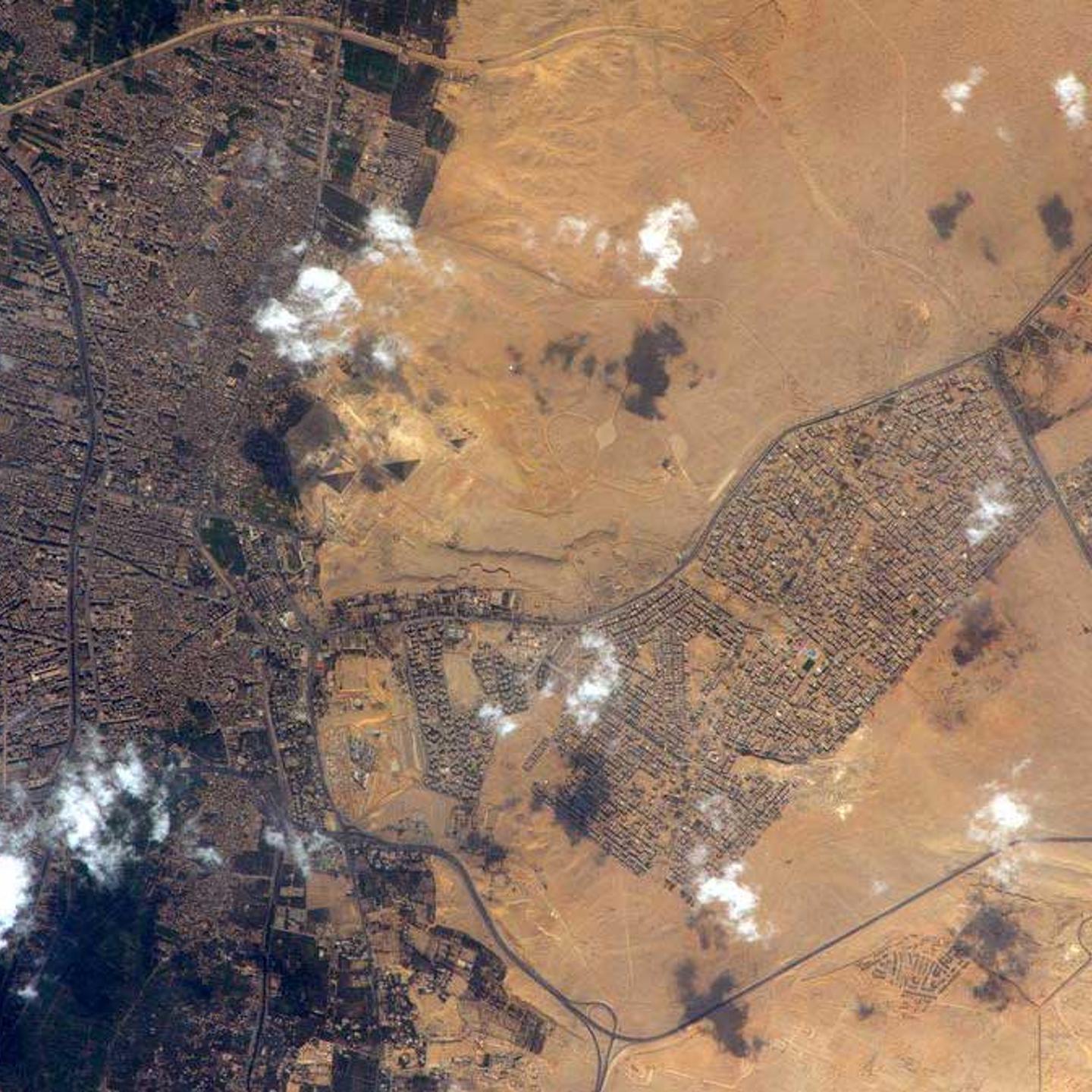 The pyramids of Giza in Egypt, seen from space.