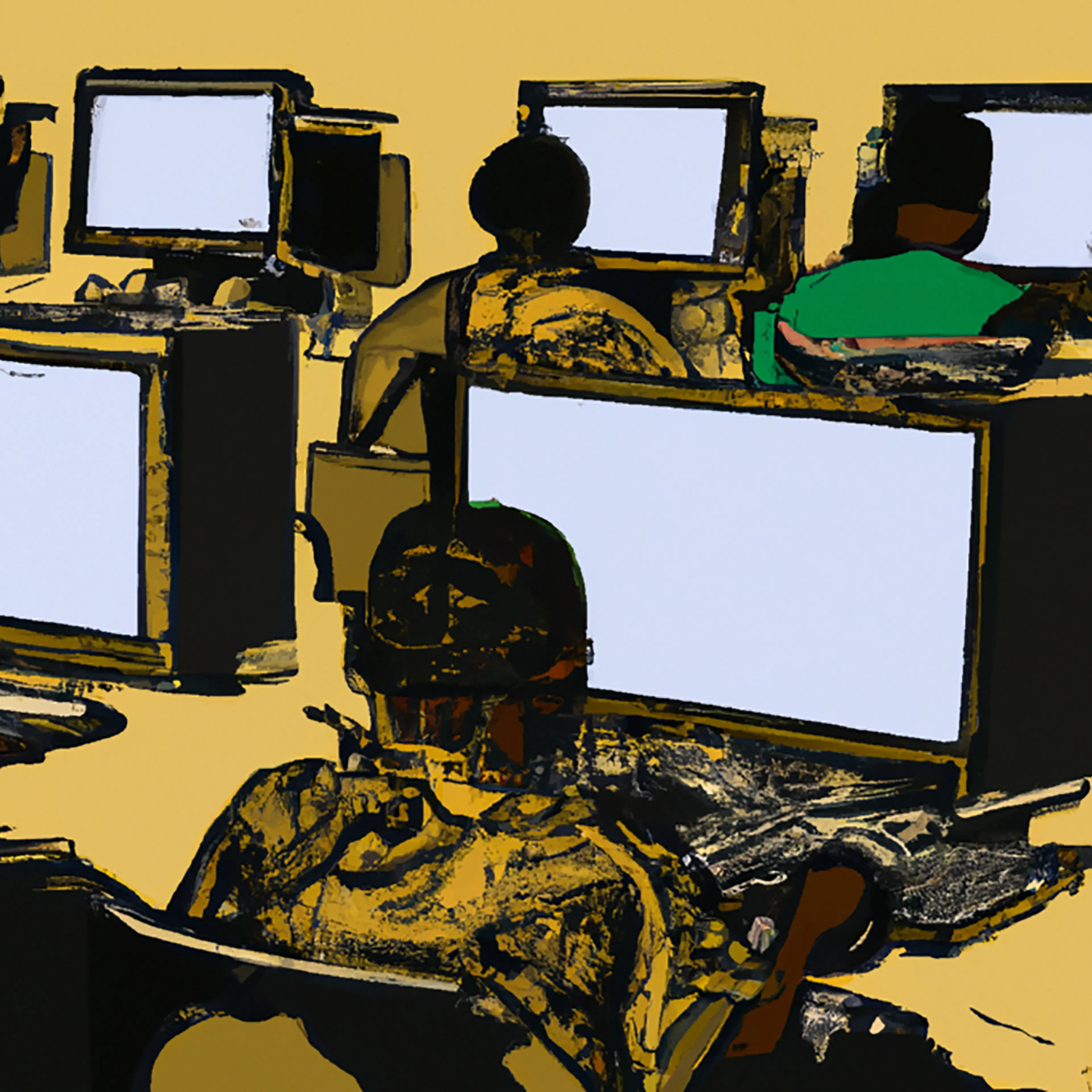 This image was generated by OpenAI's image-generation software, Dall-E 2. The prompt was: "A seemingly endless view of African workers at desks in front of computer screens in a printmaking style." TIME does not typically use AI-generated art to illustrate its stories, but chose to in this instance in order to draw attention to the power of OpenAI's technology and shed light on the labor that makes it possible.
