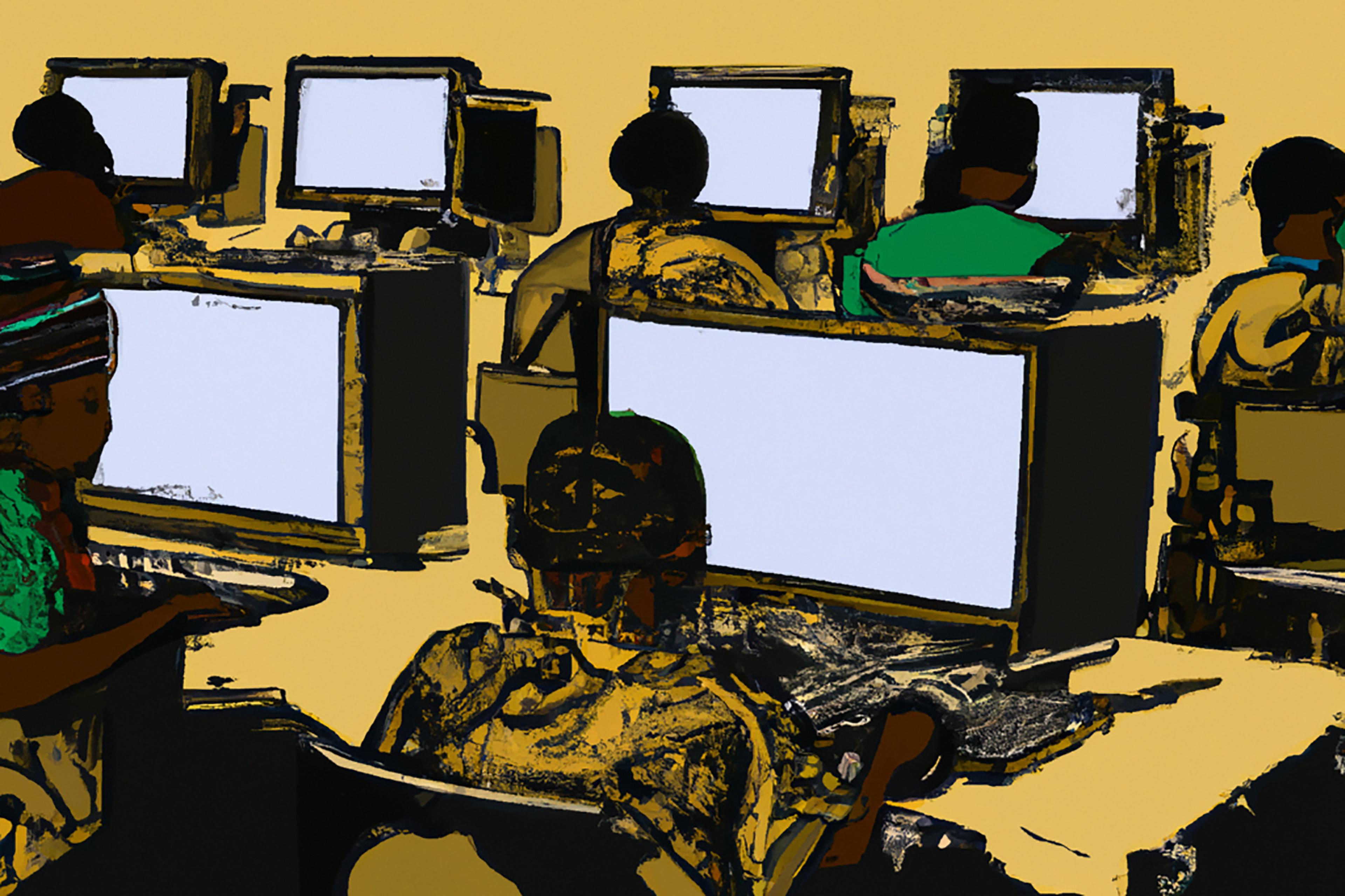 This image was generated by OpenAI's image-generation software, Dall-E 2. The prompt was: "A seemingly endless view of African workers at desks in front of computer screens in a printmaking style." TIME does not typically use AI-generated art to illustrate its stories, but chose to in this instance in order to draw attention to the power of OpenAI's technology and shed light on the labor that makes it possible.