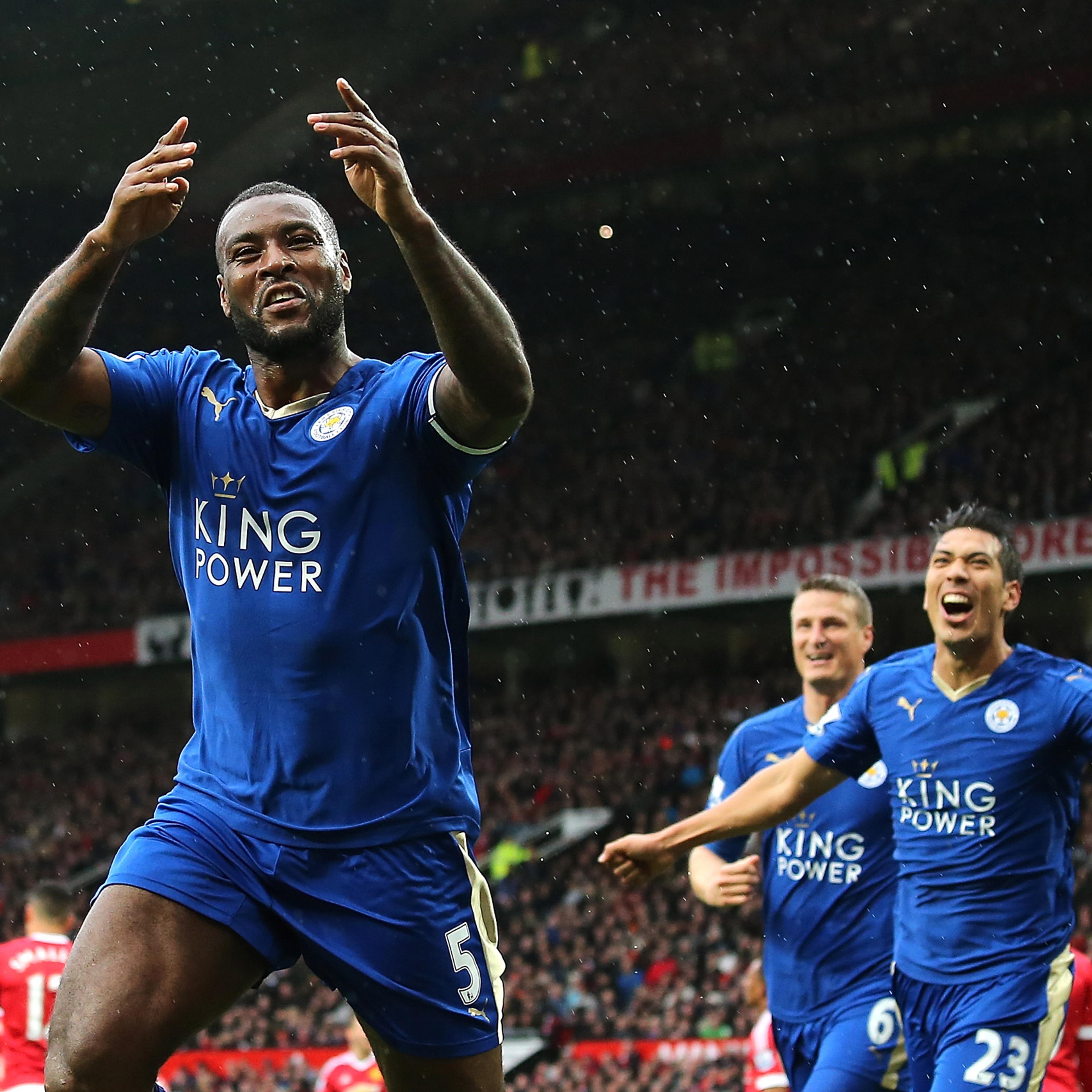 MANCHESTER, ENGLAND - MAY 01: Wes Morgan of Leicester City celebrates scoring a goal to make the score 1-1 during the Barclays Premier League match between Manchester United and Leicester City at Old Trafford on May 1, 2016 in Manchester, United Kingdom.