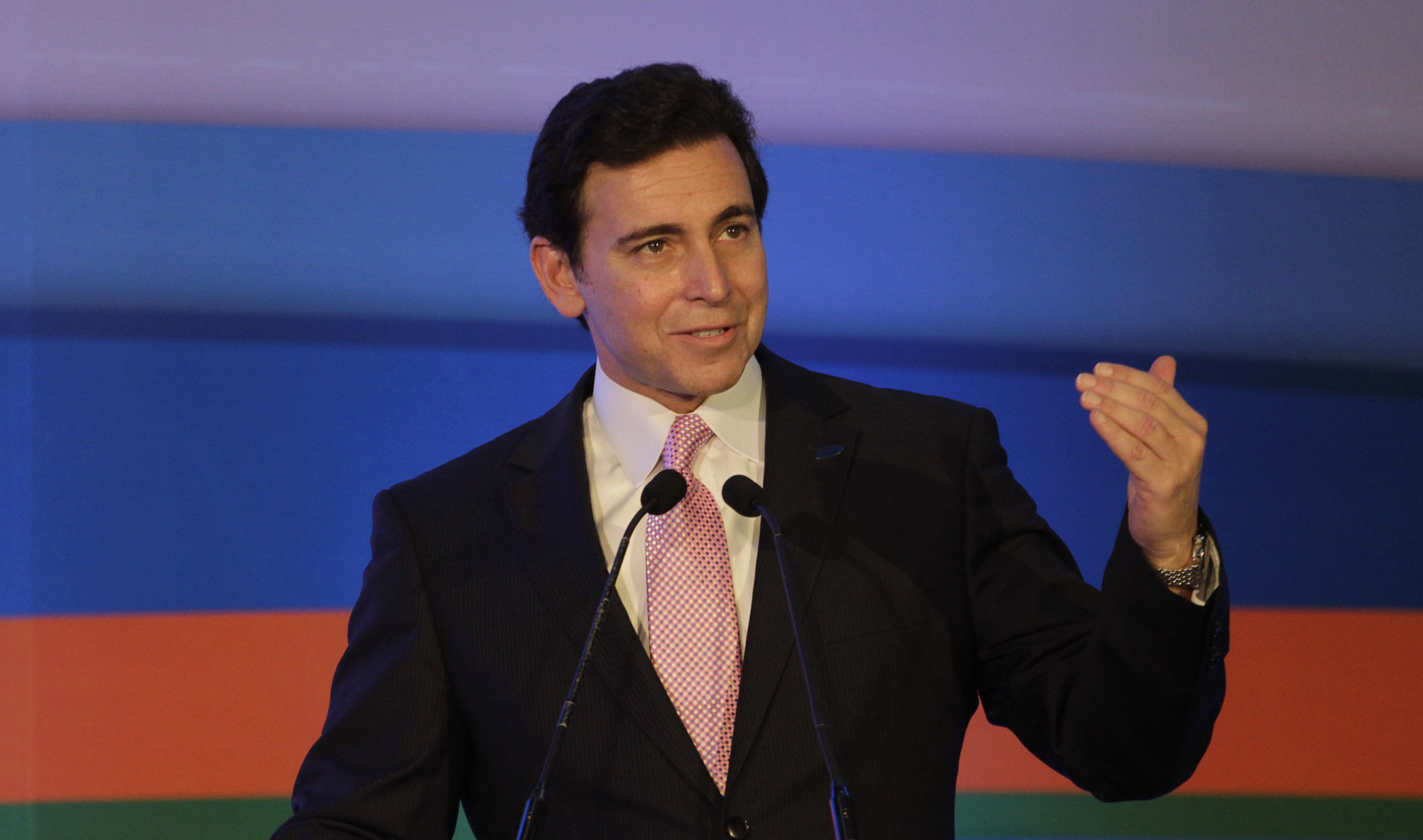 Ford President and CEO Mark Fields speaks at Ford's manufacturing facility and engineering plant in Sanand, India on March 26, 2015.