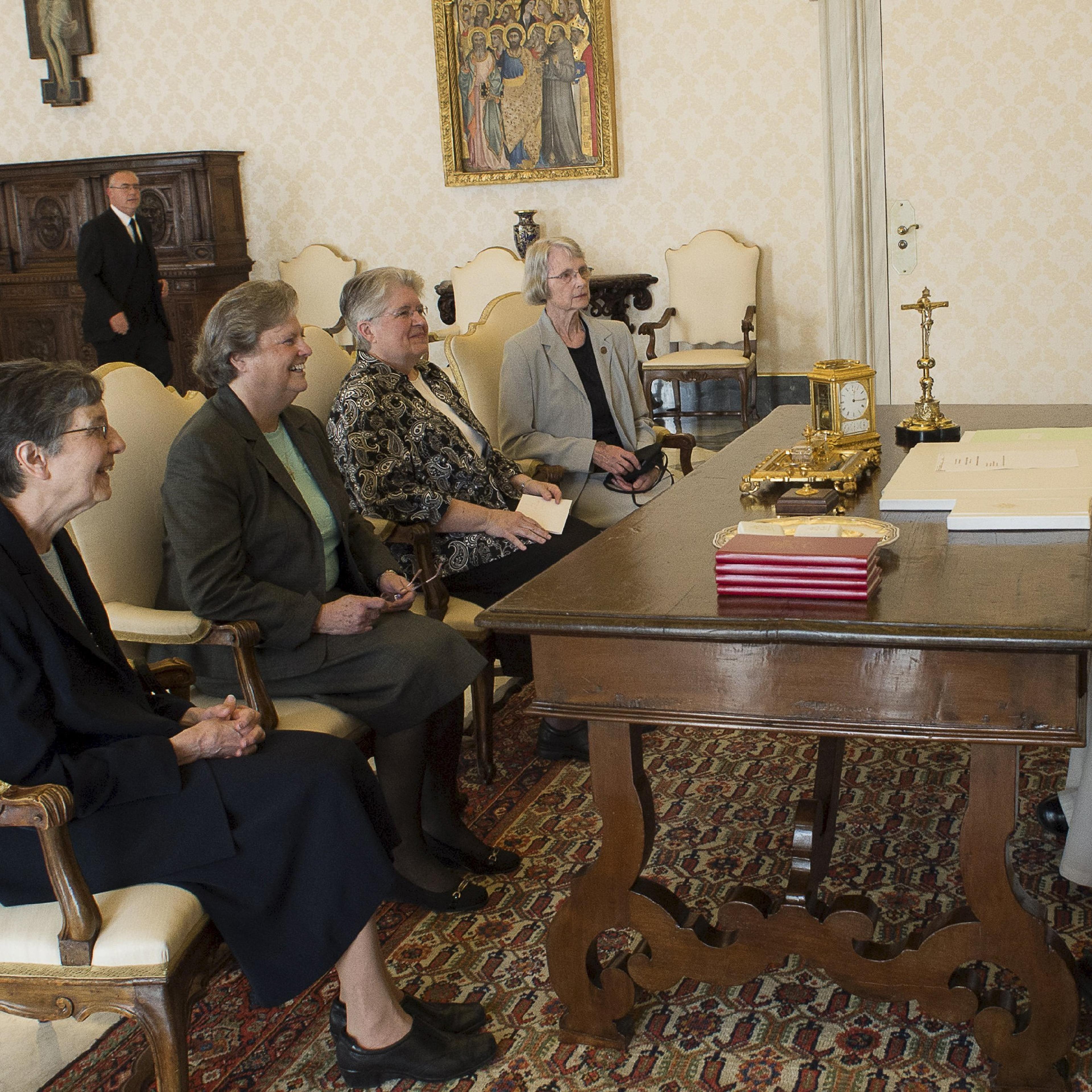Pope Francis meets members of Leadership Conference of Women Religious (LCWR) during a private audience in the pontiff's studio at the Vatican on April 16, 2015.
