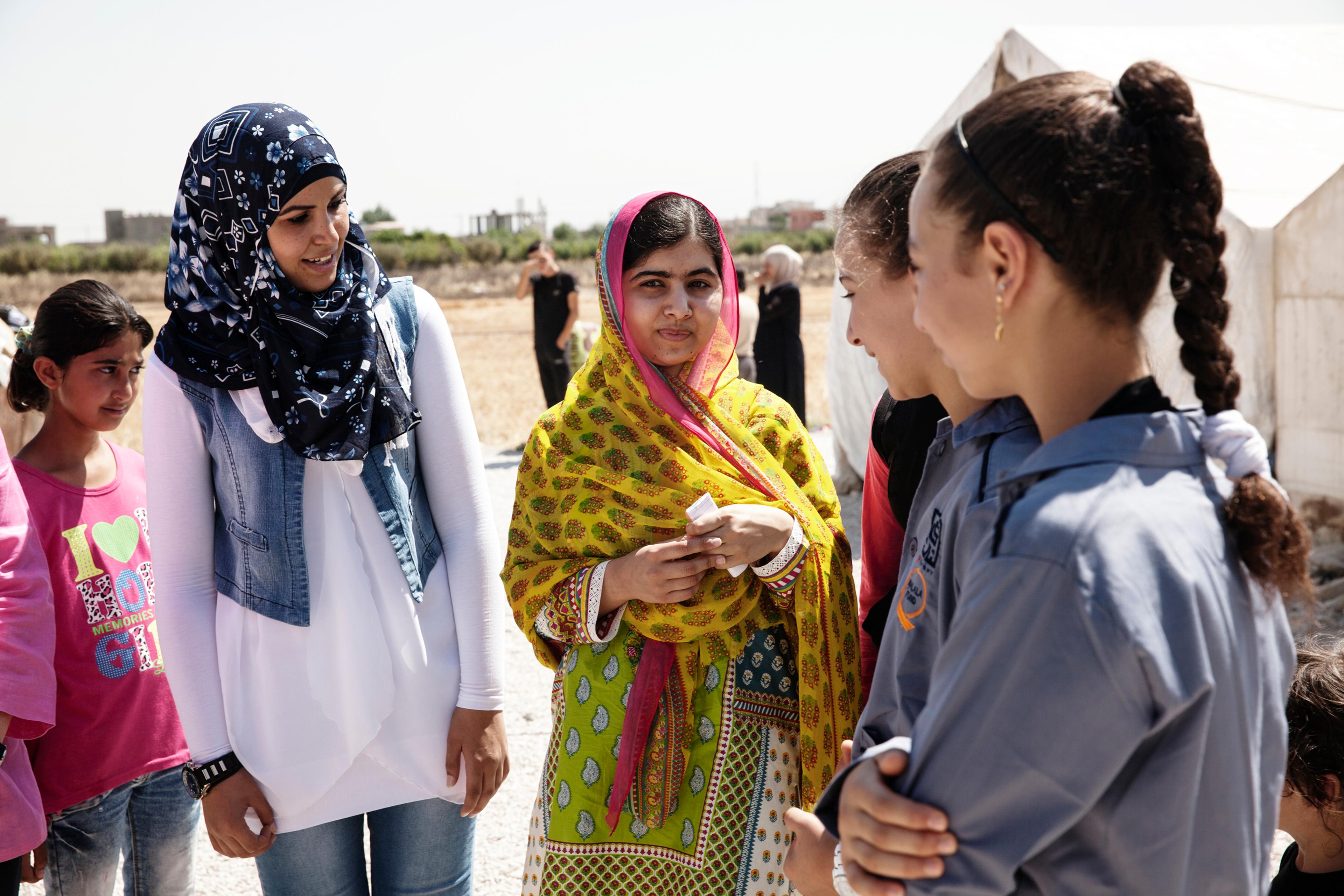 Malala Yousafzai with Syrian refugee girls in Lebanon.