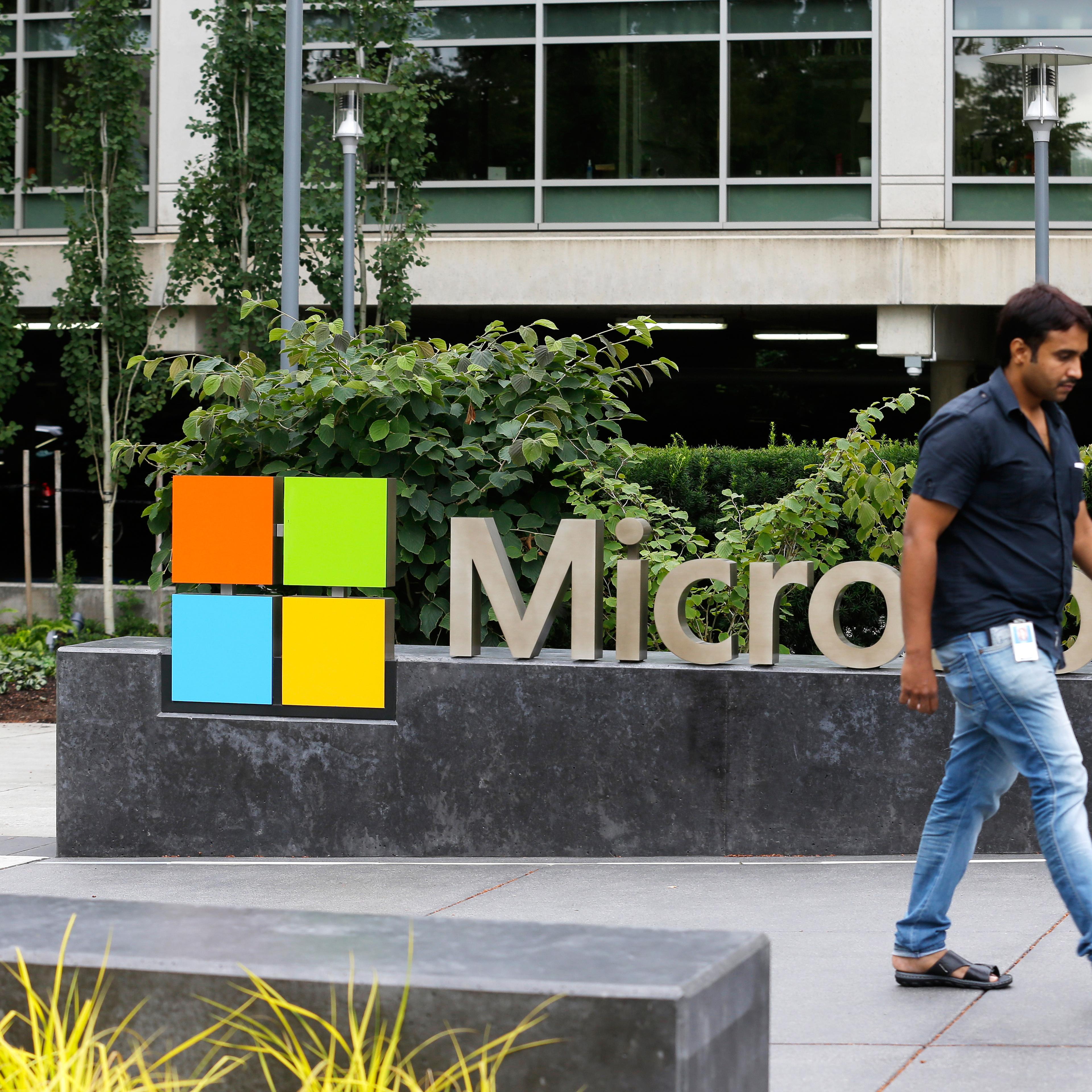 Microsoft logo outside the Microsoft Visitor Center in Redmond, Wash.