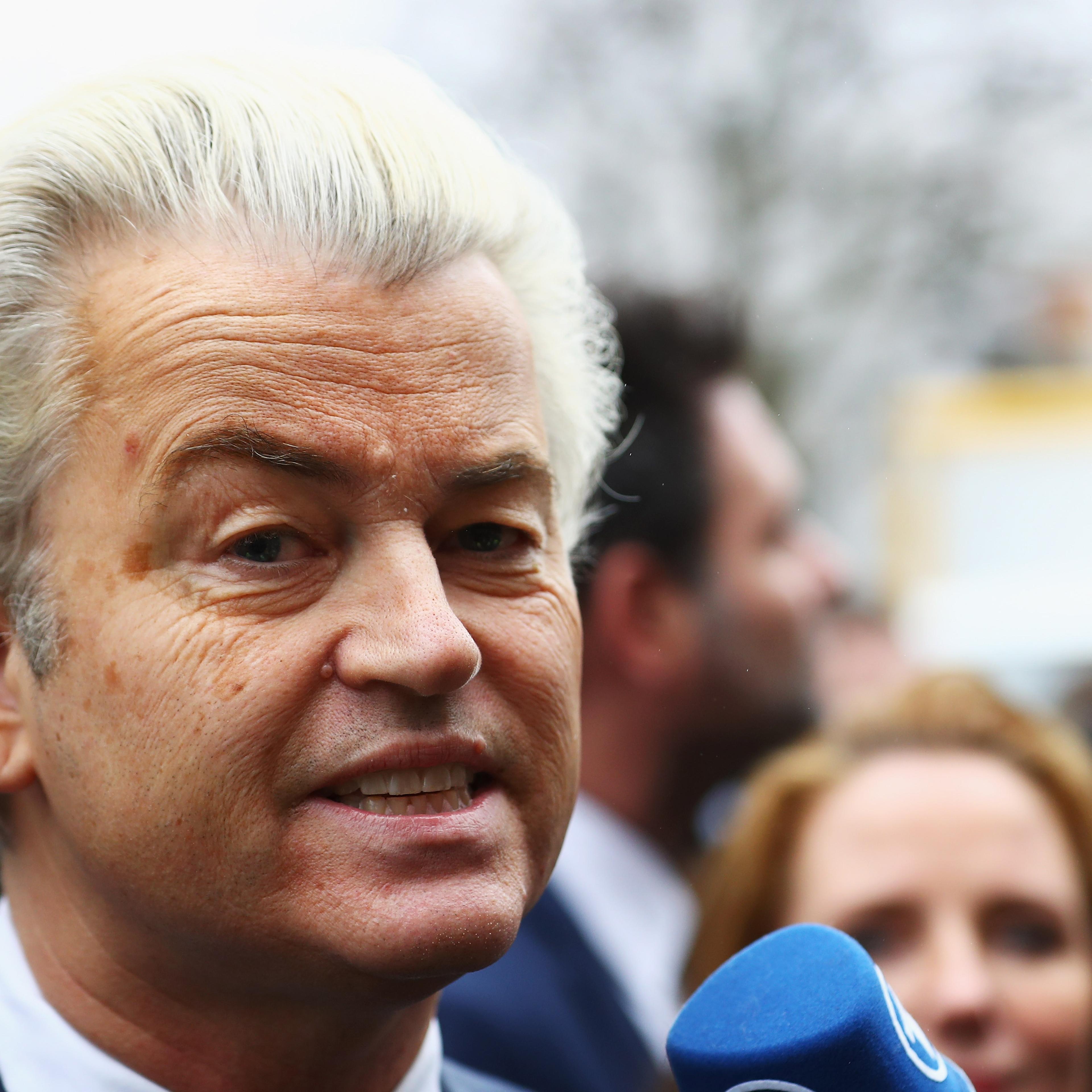 PVV Candidate, Geert Wilders speaks to the crowd, the media and shakes hands with supporters as he kicks off his election campaign near the Dorpskerk on February 18, 2017 in Spijkenisse, Netherlands.