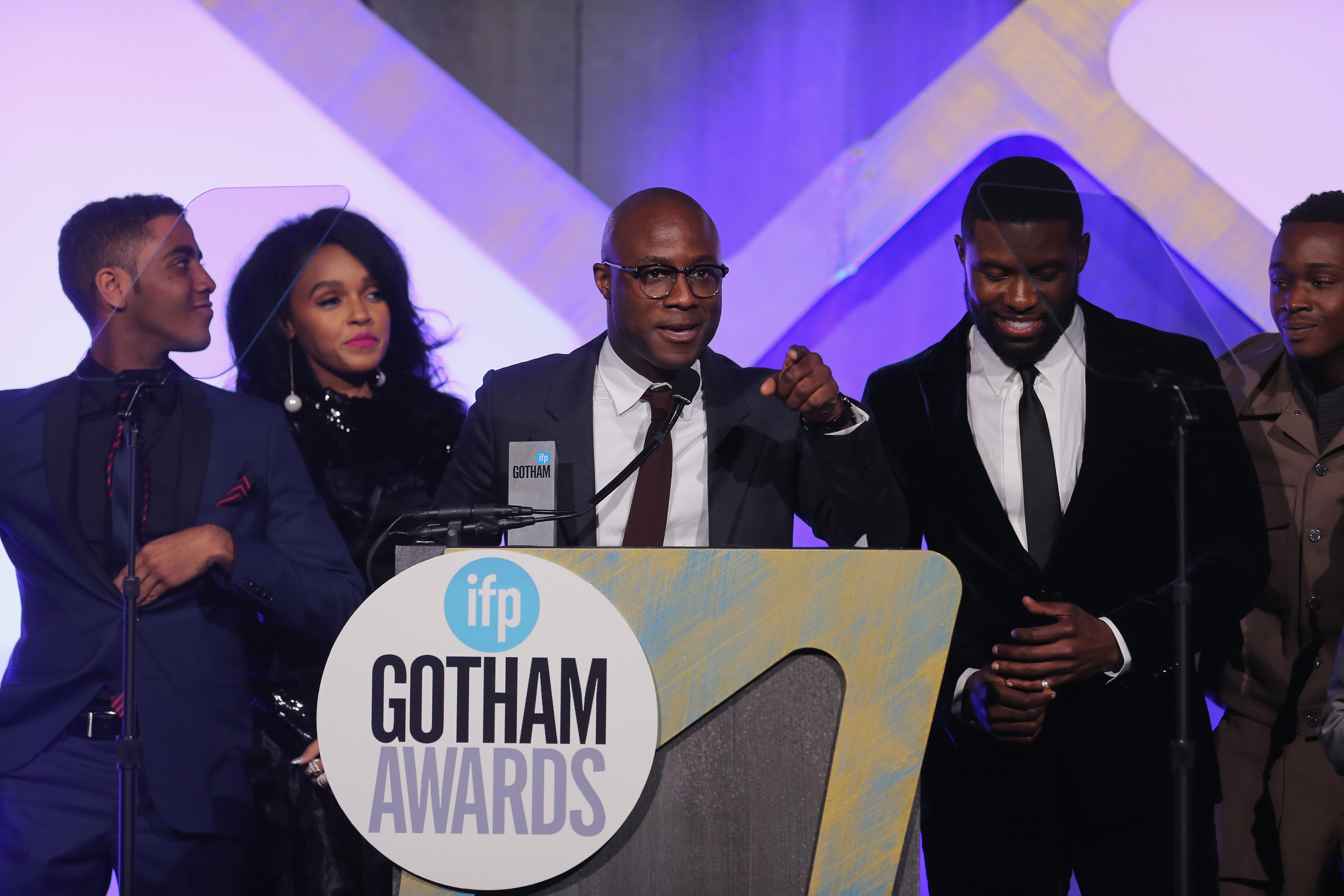 Barry Jenkins accepts an award for 'Moonlight' along with actors Jharrel Jerome, Janelle Monae, Trevante Rhodes and Ashton Sanders at IFP's 26th Annual Gotham Independent Film Awards on November 28, 2016 in New York City.