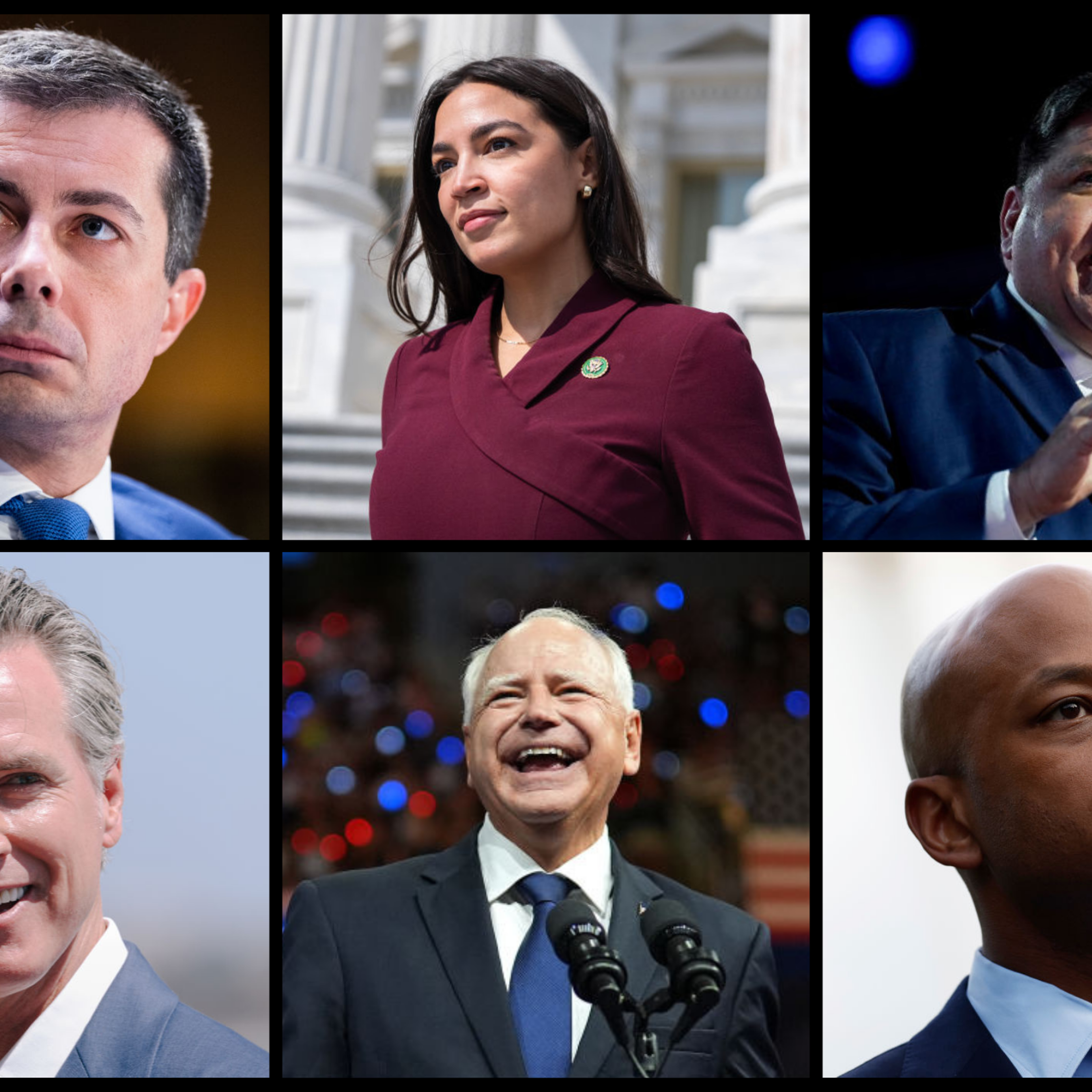 A grid of six political figures in the Democratic Party. From top left, clockwise: Pete Buttigieg, Alexandria Ocasio-Cortez, J.B. Pritzker, Wes Moore, Tim Walz, Gavin Newsom.