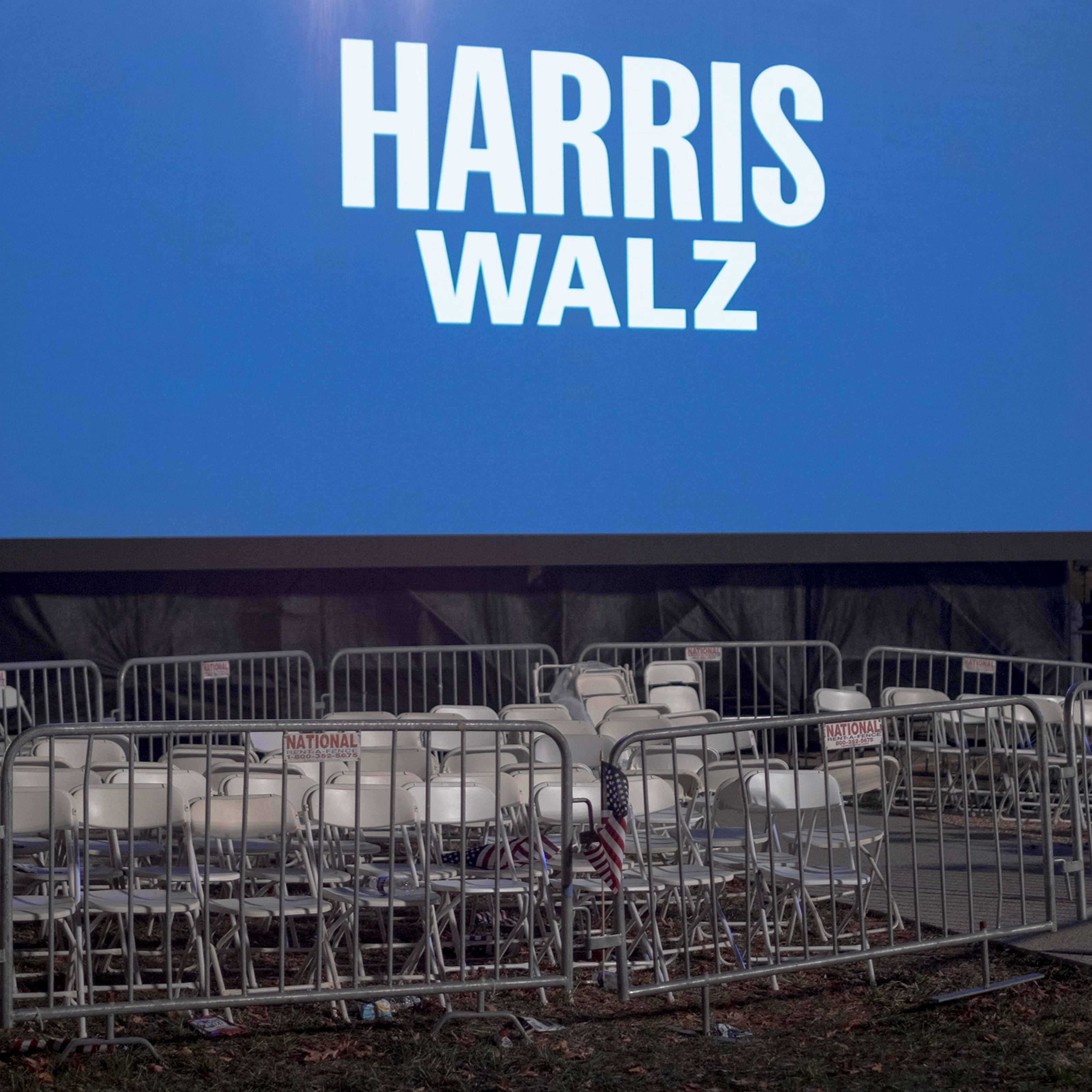 Empty seats seen at the end of the evening at the Harris election night watch party at Howard University in Washington, D.C. on Nov. 5.