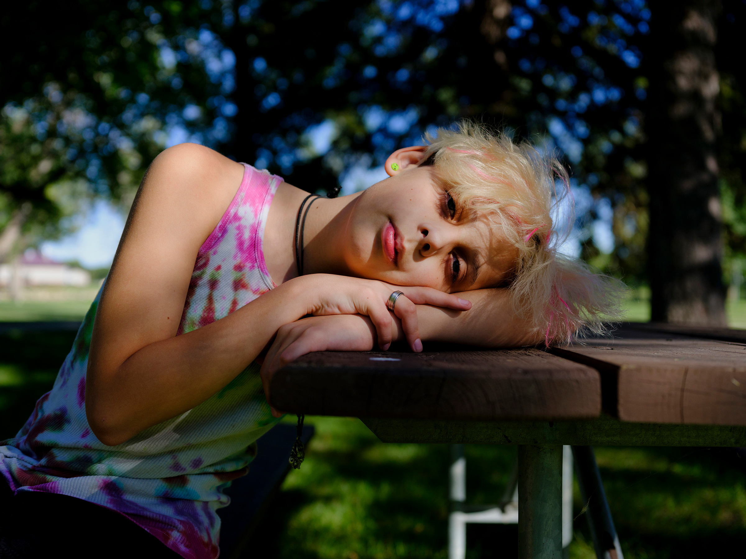 Freedom, a two-spirit 13-year-old, poses for a portrait in Watertown, S.D. At last year’s Pride parade, he dressed up as Freddie Mercury; this year, he wants to dress as a rainbow king. The past year hasn’t been easy, and he’s had to deal with bullies. B