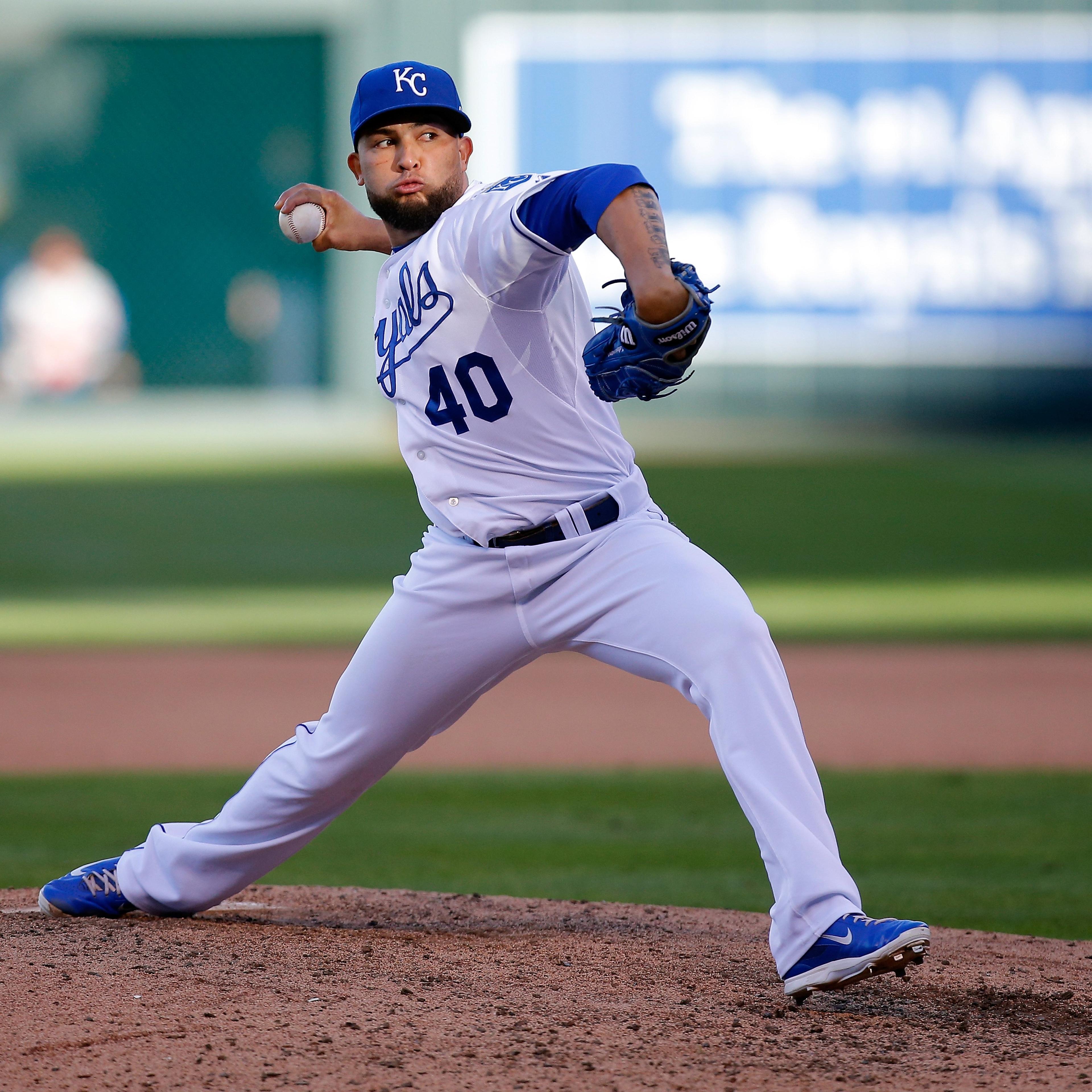 Kelvin Herrera of the Kansas City Royals throws a pitch in the sixth inning against the Baltimore Orioles during Game Four of the American League Championship Series at Kauffman Stadium on Oct. 15, 2014 in Kansas City, Missouri.