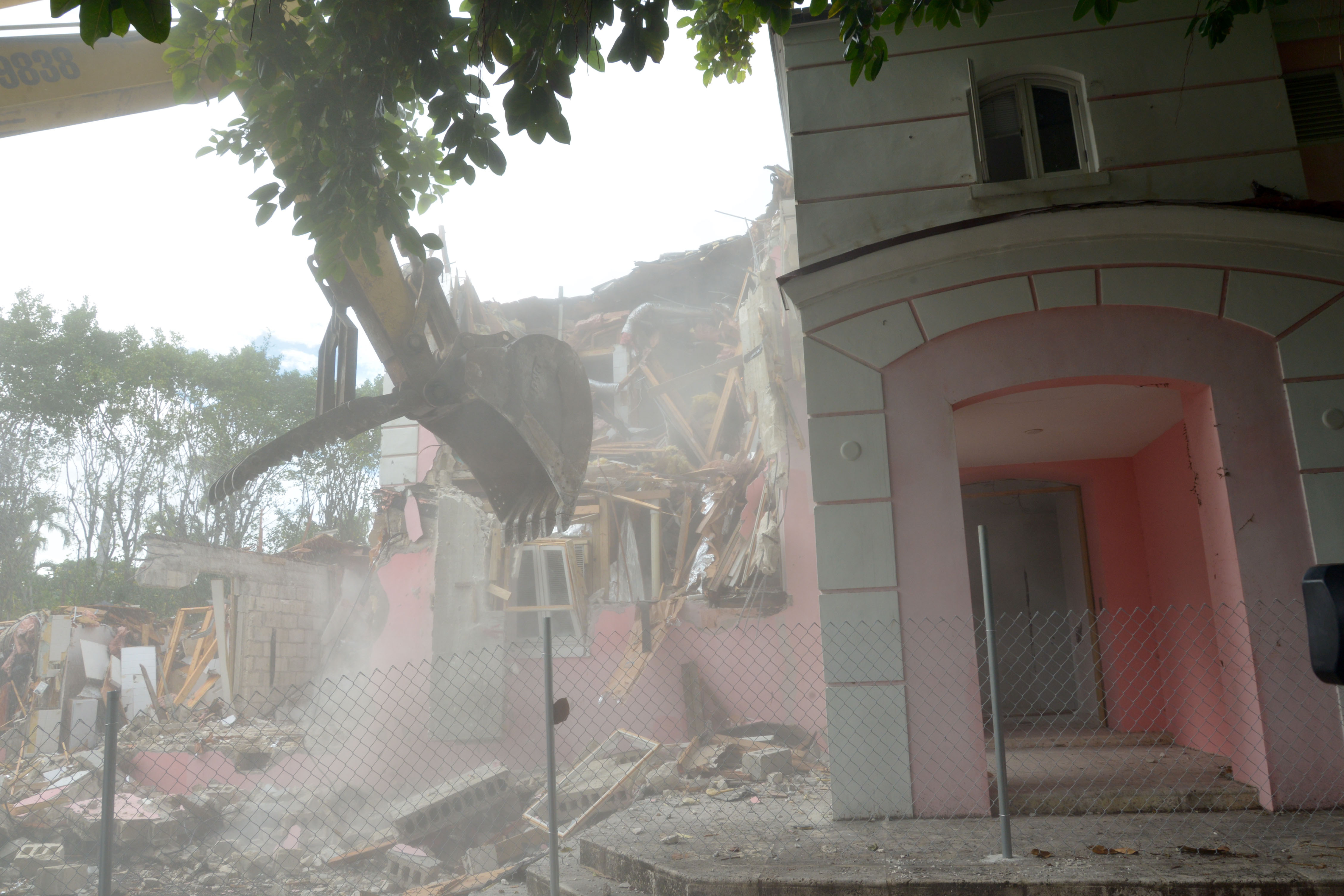 A general view of the former Miami Beach home of the late Colombian drug lord Pablo Escobar as it is demolished on January 19, 2016 in Miami Beach, Florida.