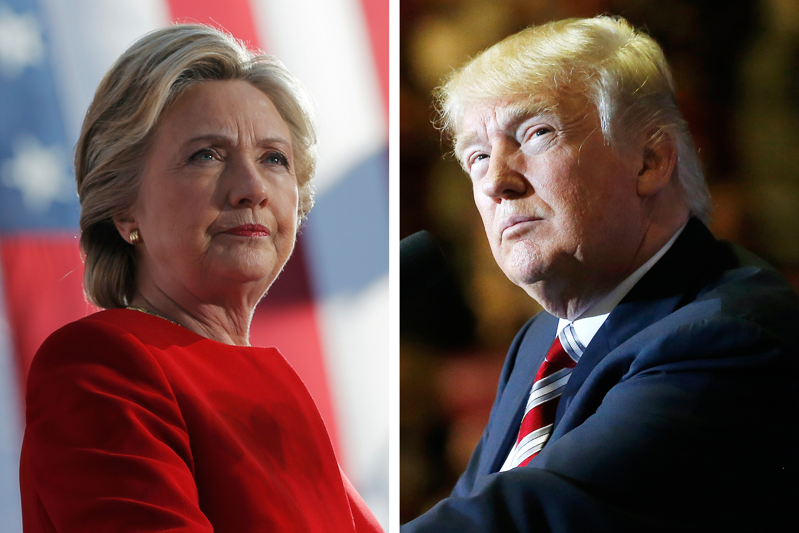 Democratic presidential nominee Hillary Clinton speaks at a campaign rally in Pittsburgh, Pennsylvania, U.S. November 7, 2016 Republican presidential nominee Donald Trump speaks during a campaign rally in Leesburg, Virginia, U.S. November 7, 2016. REUTER
