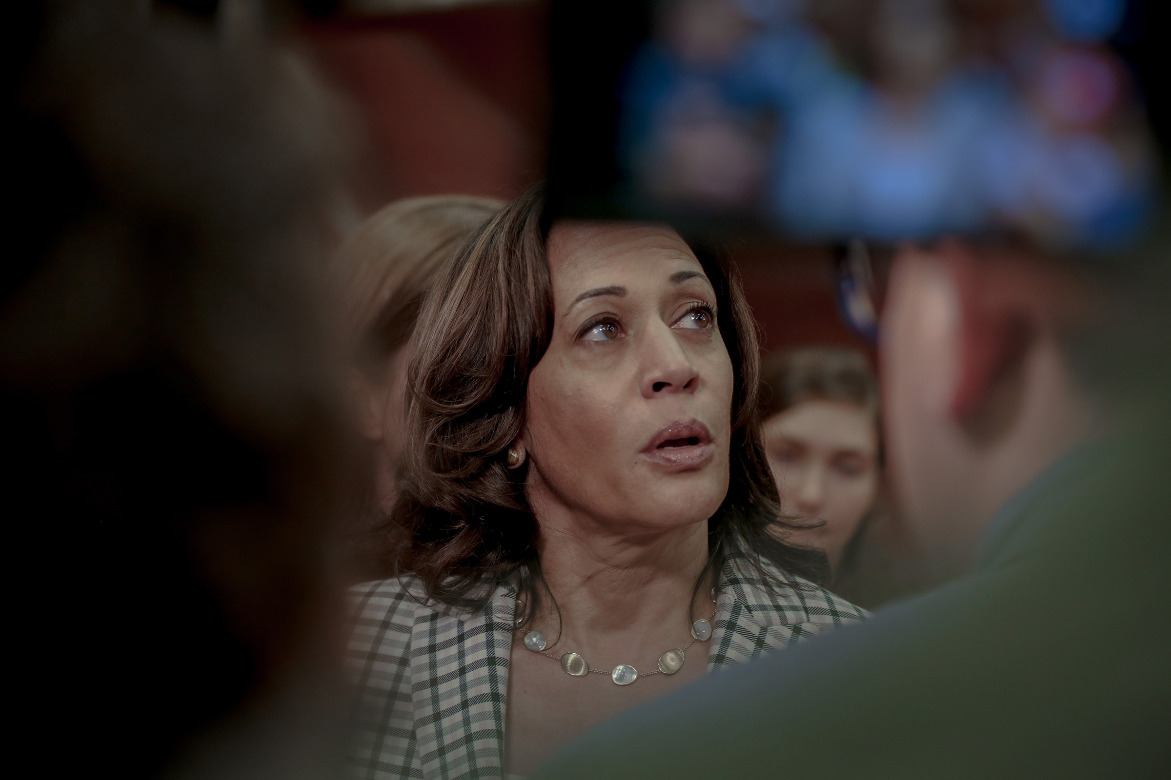 Kamala Harris during a press gaggle at Backpocket Brewing in Coralville, Iowa, in September. Harris told supporters on Dec. 3 that she would suspend her presidential campaign.