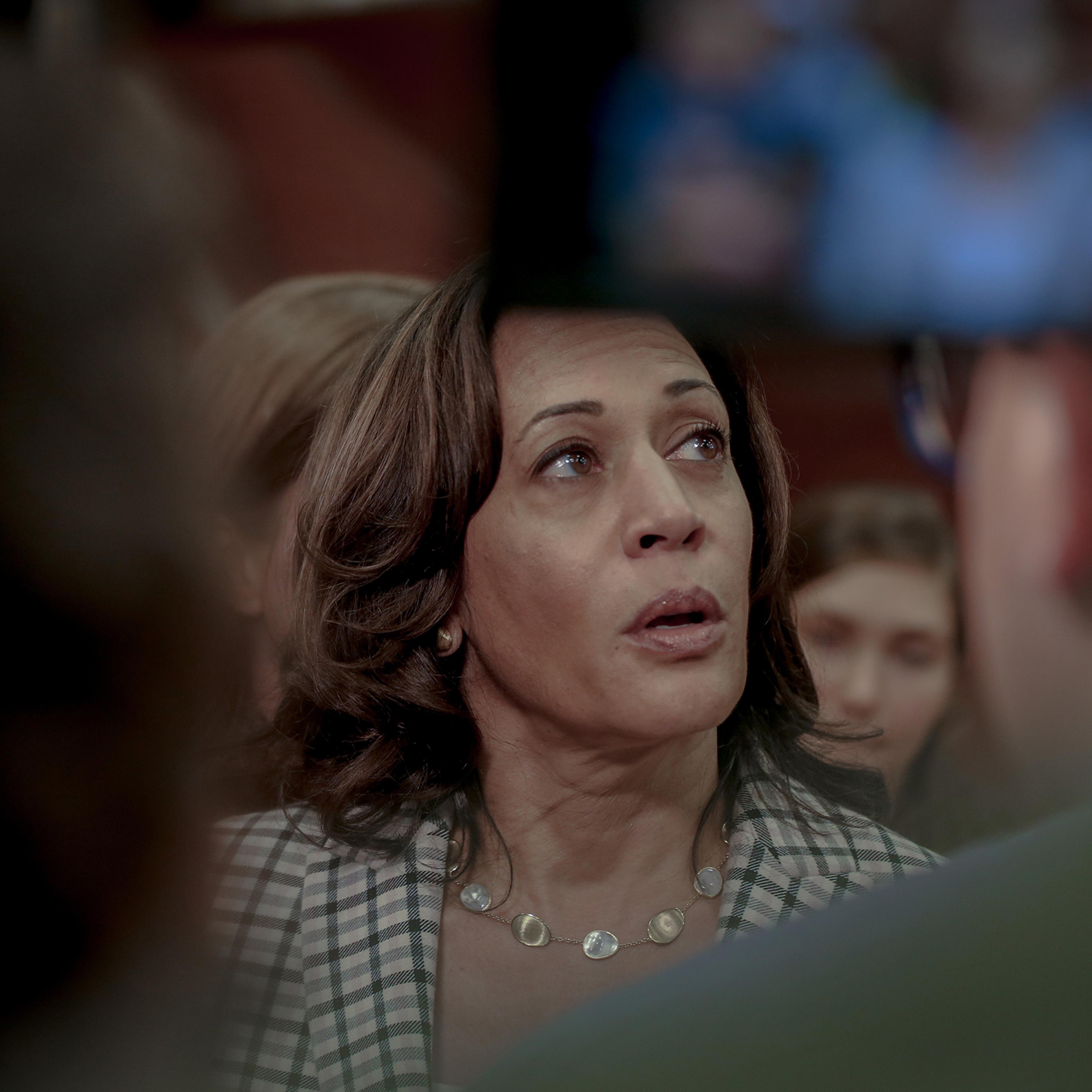 Kamala Harris during a press gaggle at Backpocket Brewing in Coralville, Iowa, in September. Harris told supporters on Dec. 3 that she would suspend her presidential campaign.