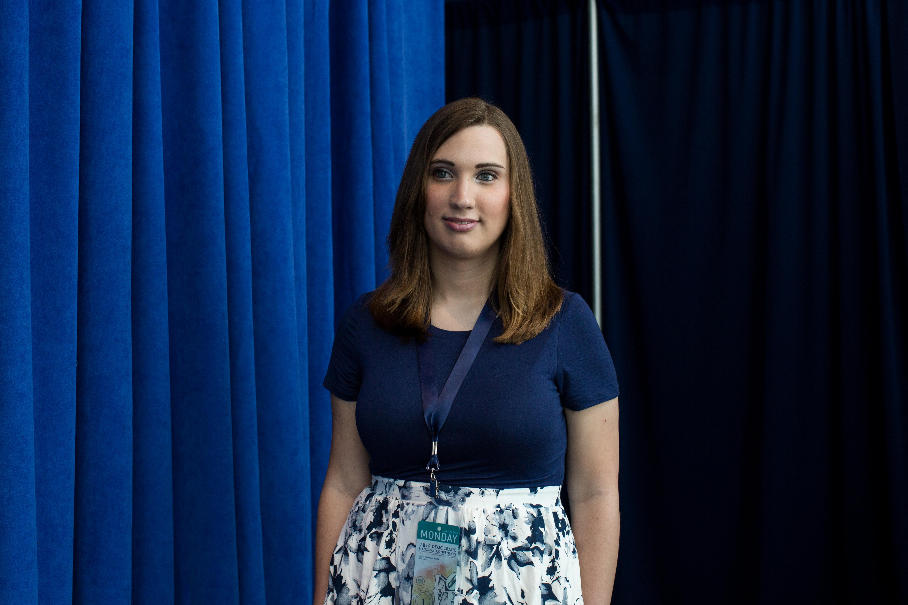 Sarah McBride posed for a portrait at the Wells Fargo Center where she is attending Democratic National Convention on July 25, 2016 in Philadelphia.(Natalie Keyssar for TIME)