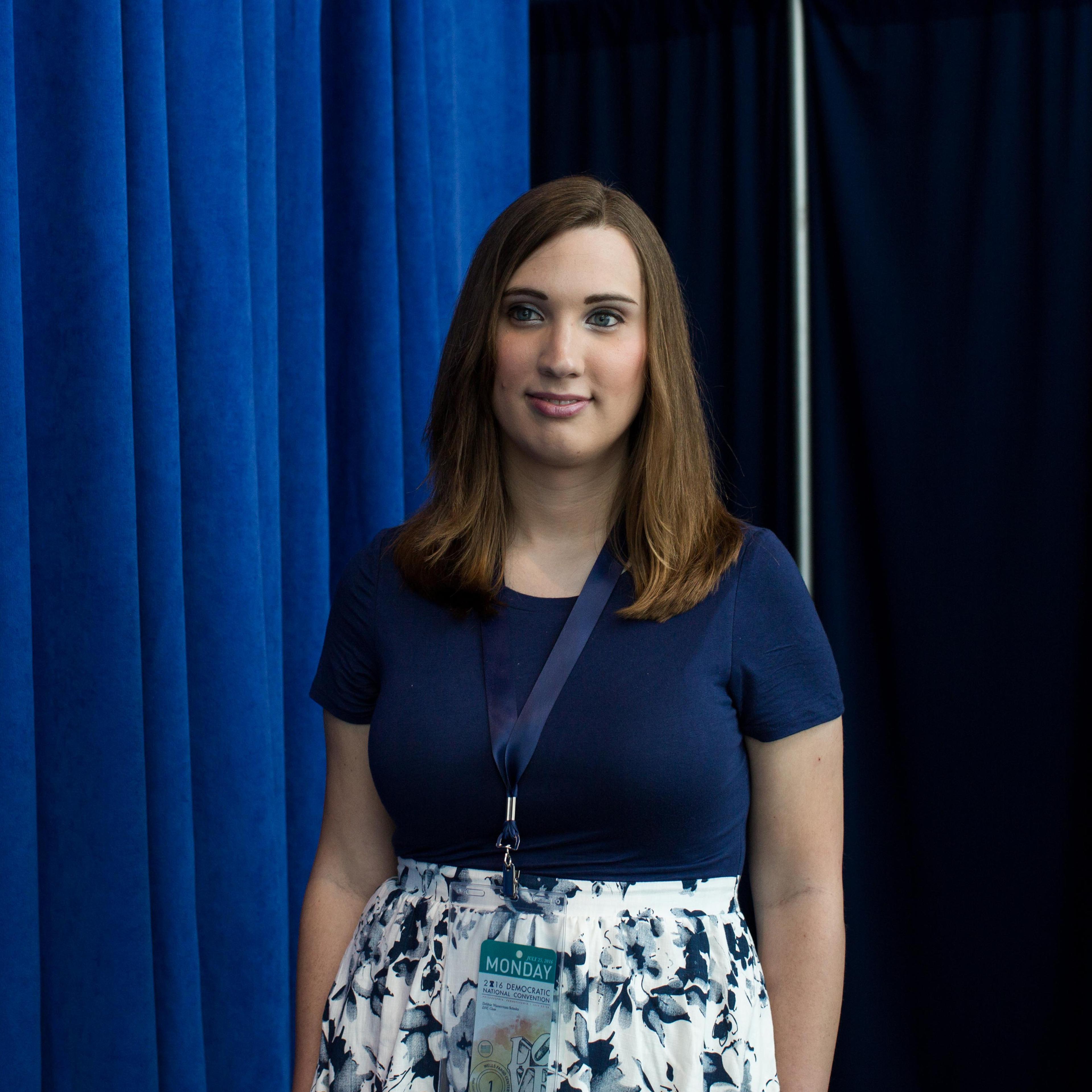 Sarah McBride posed for a portrait at the Wells Fargo Center where she is attending Democratic National Convention on July 25, 2016 in Philadelphia.(Natalie Keyssar for TIME)