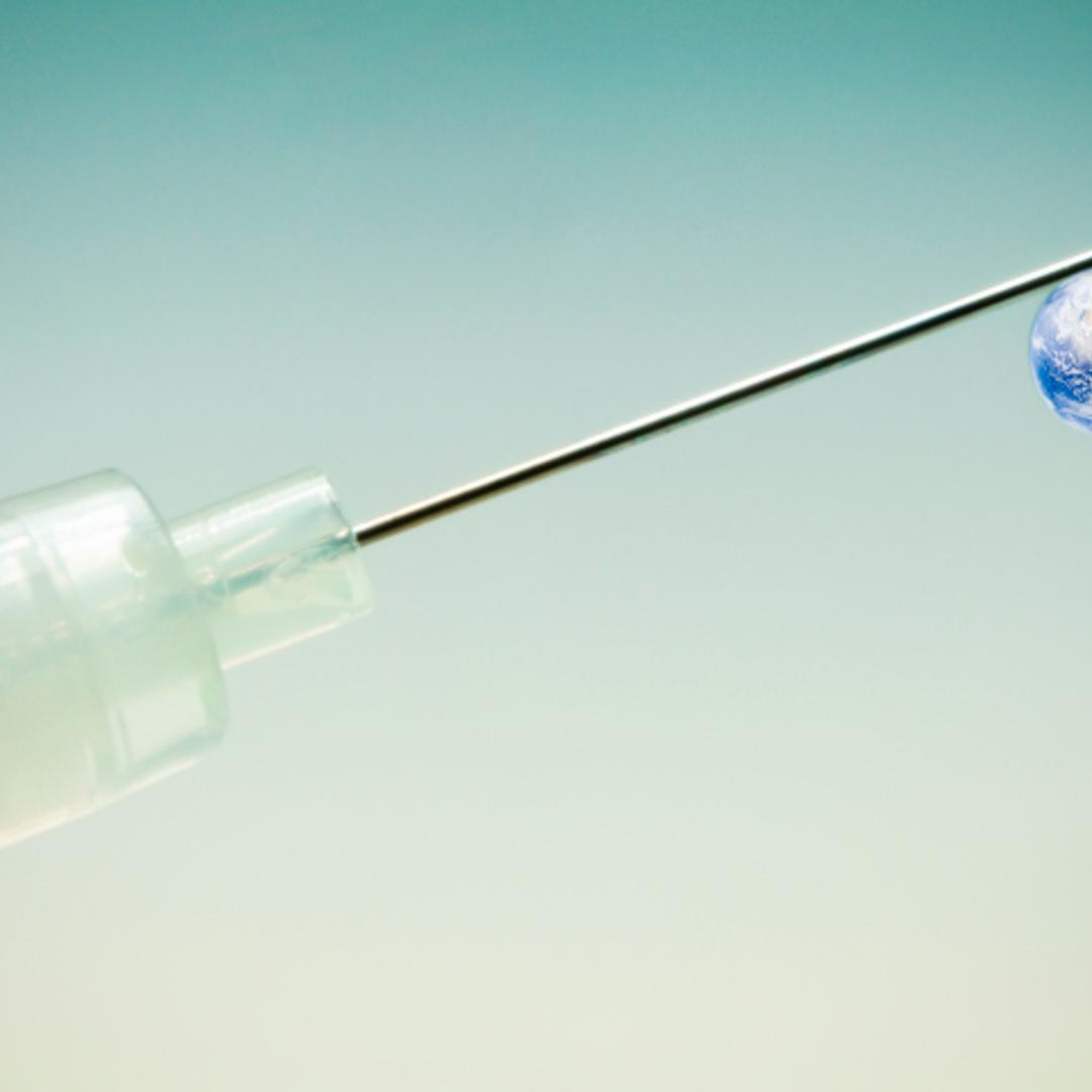 Shooting up earth, globe dripping out syringe (drugs medicine concept)