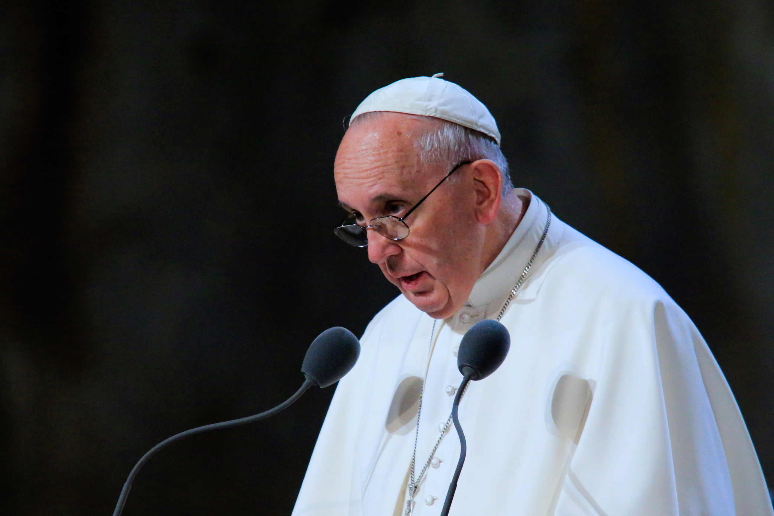 Pope Francis speaks to attenders inside of the 9/11 Memorial Museum in New York