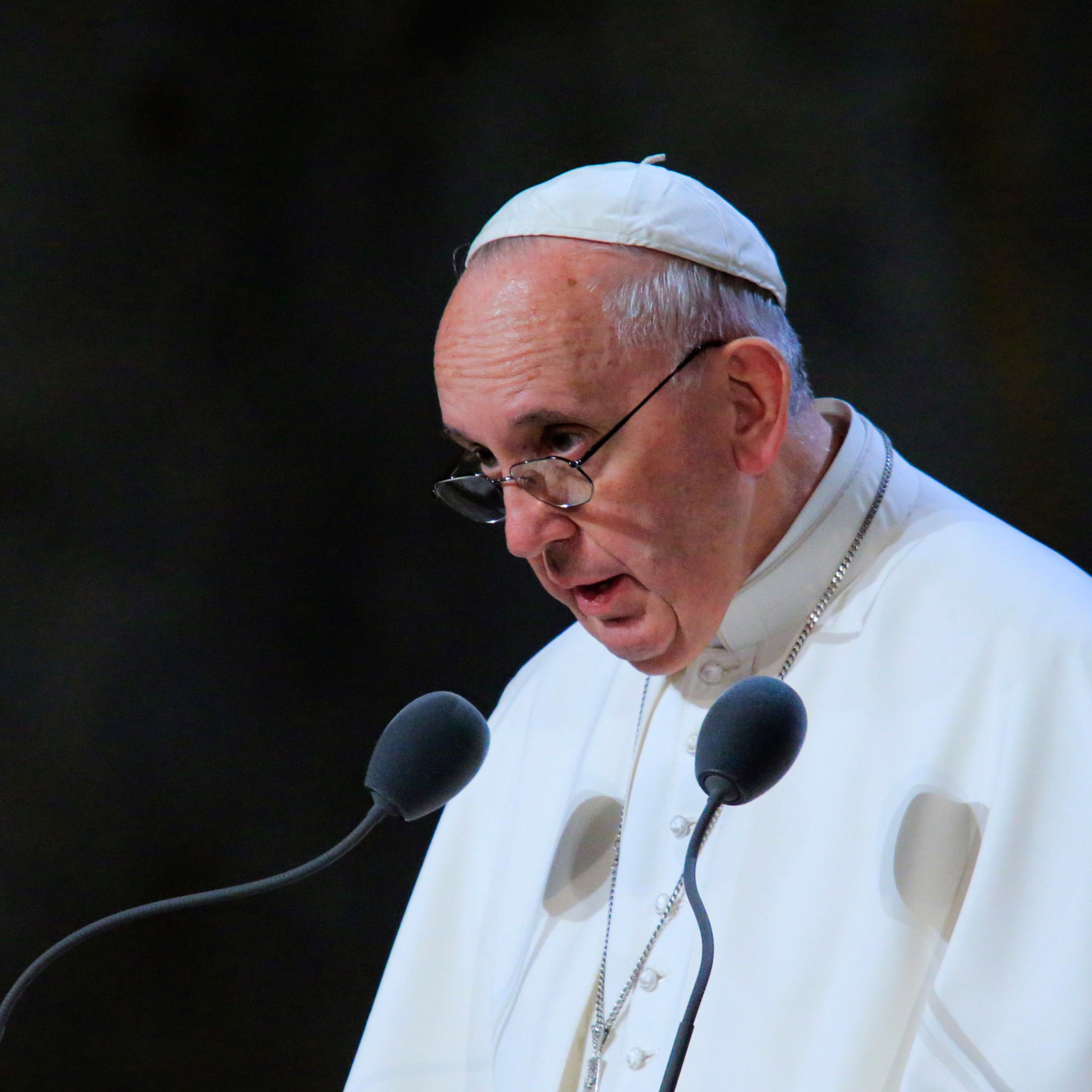 Pope Francis speaks to attenders inside of the 9/11 Memorial Museum in New York