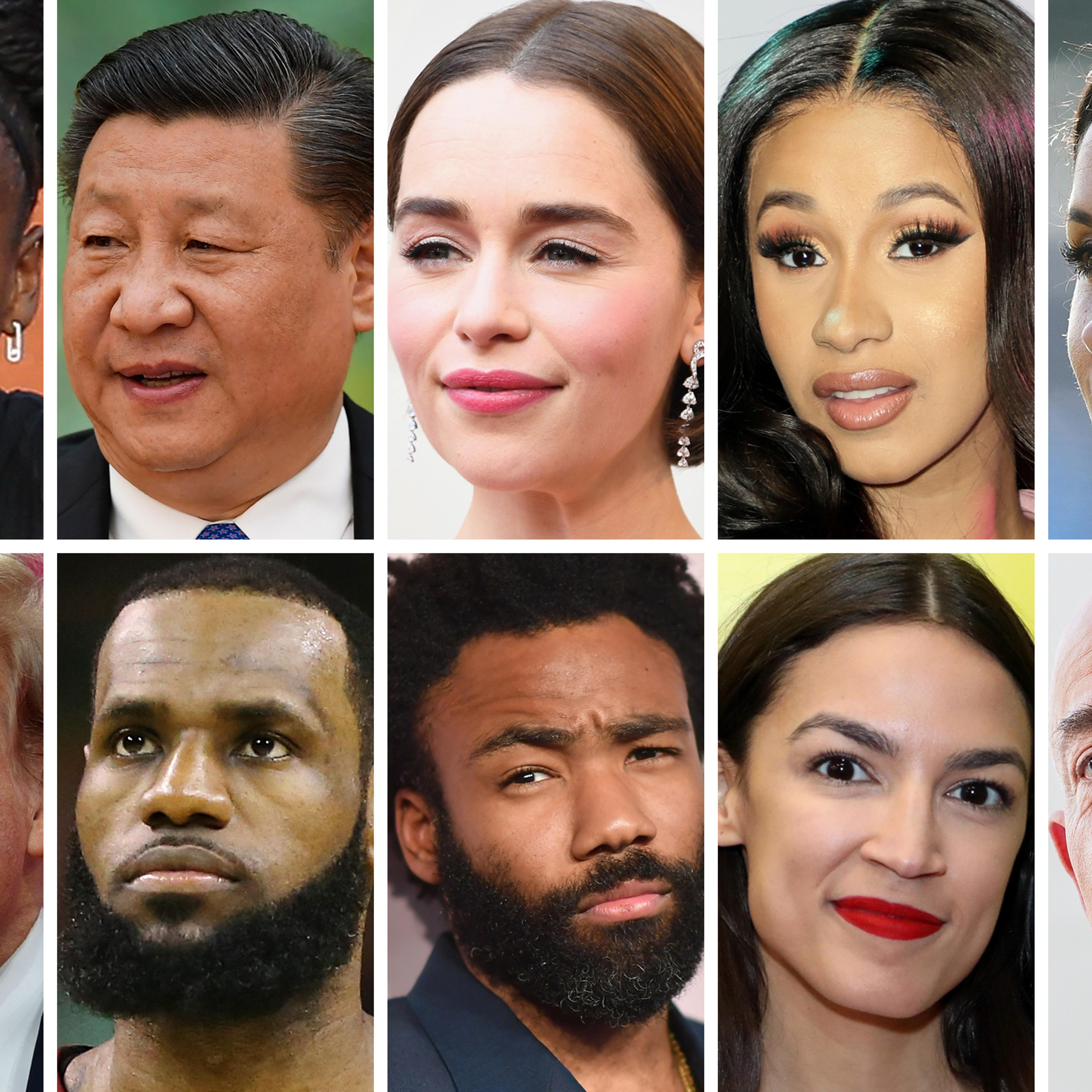 Serena Williams, Xi Jinping, Emilia Clarke, Cardi B, Meghan Markle, Donald Trump, Lebron James, Donald Glover, Alexandria Ocasio-Cortez, Jeff Bezos