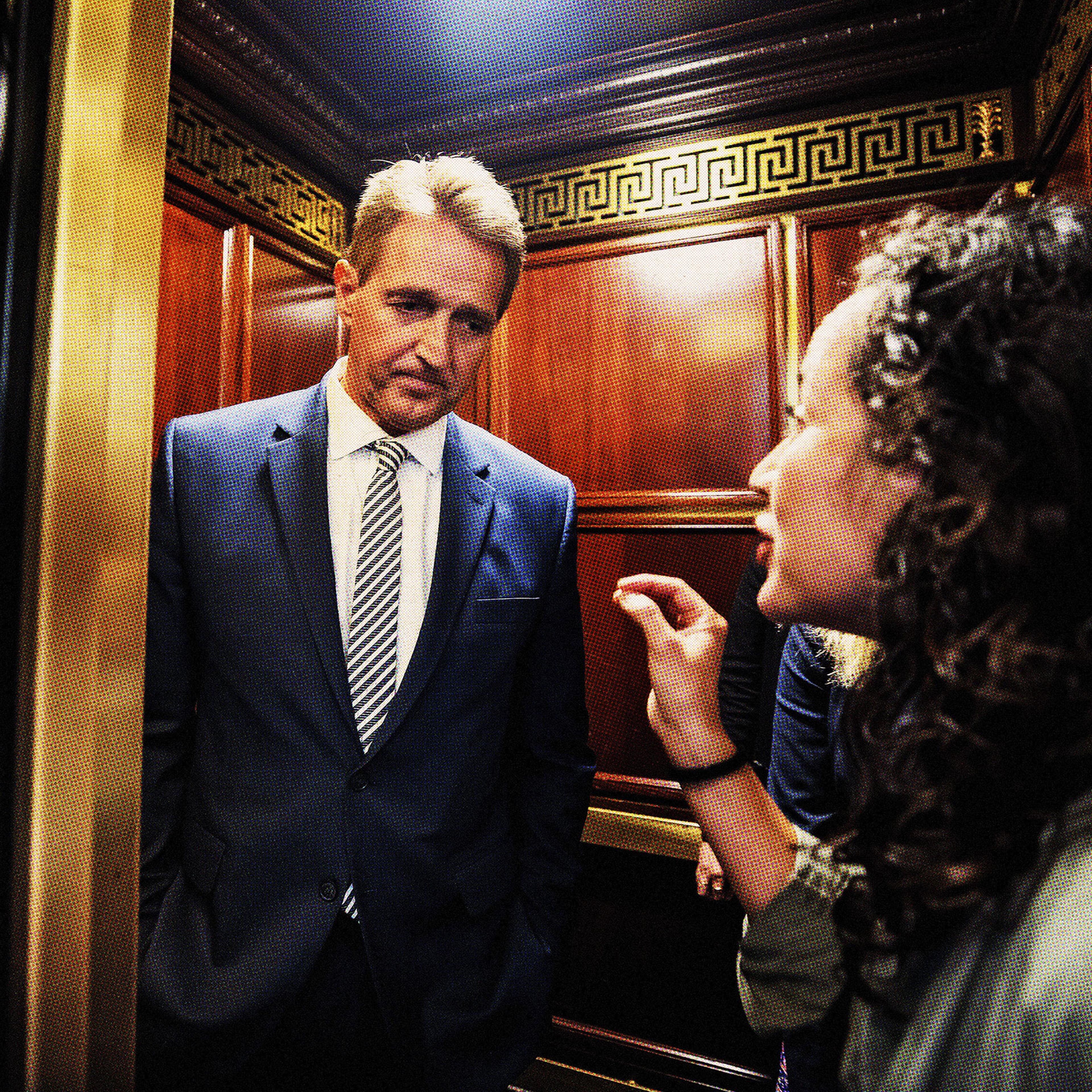 Archila confronts Flake on Sept. 28, 2018, as she and Gallagher (not pictured) beg him not to confirm Kavanaugh
