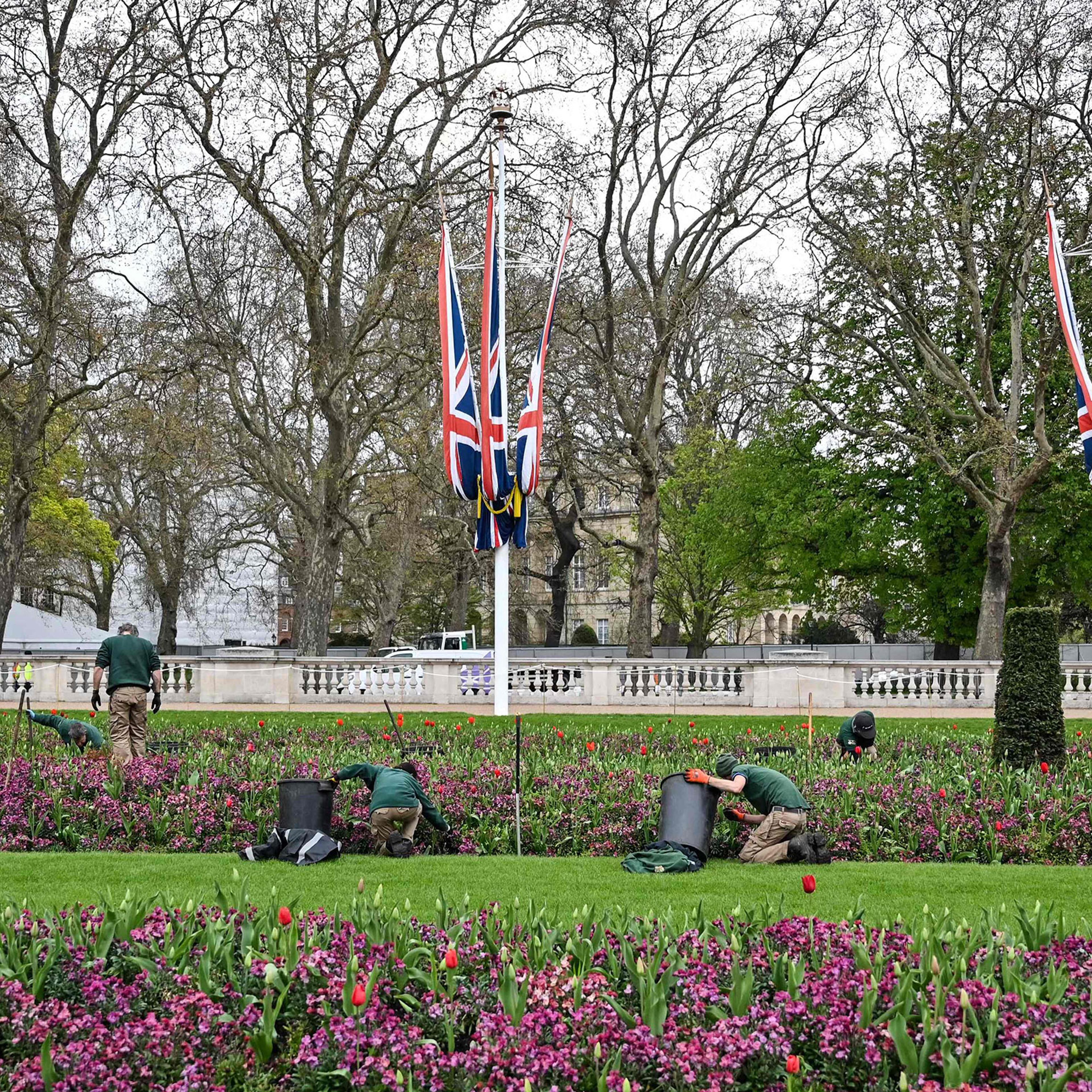 Workers prepare the Memorial gardens, in central London, on April 18, 2023.