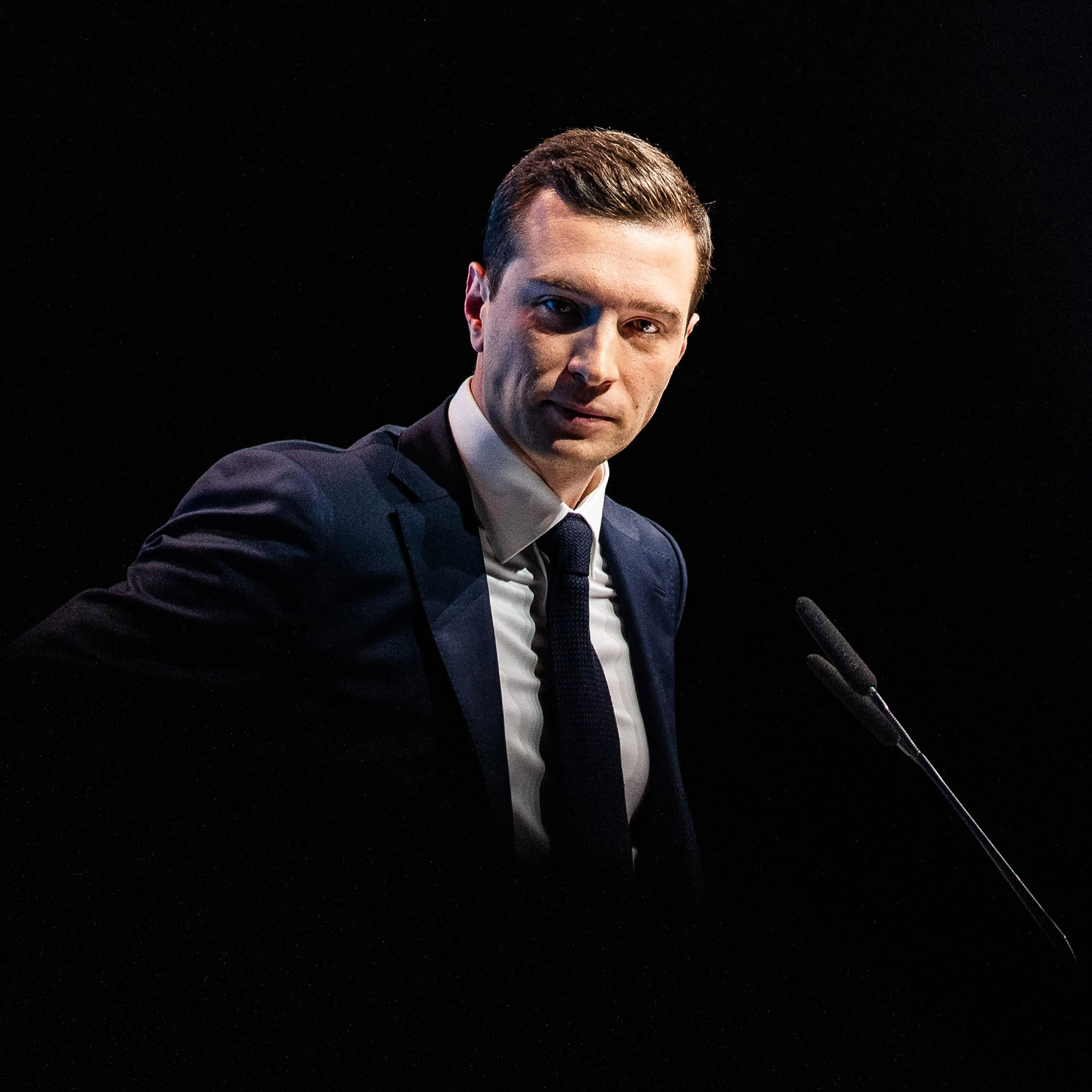 Jordan Bardella during his speech on stage at the Grand Meeting at the Palais des Congres in Perpignan, France, on May 1, 2024.