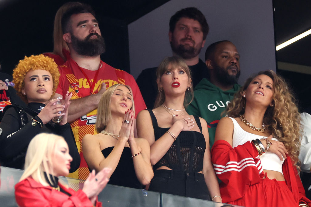 Rapper Ice Spice, NFL player Jason Kelce, singer Taylor Swift, and actress Blake Lively react prior to Super Bowl LVIII between the San Francisco 49ers and Kansas City Chiefs at Allegiant Stadium in Las Vegas on February 11, 2024.