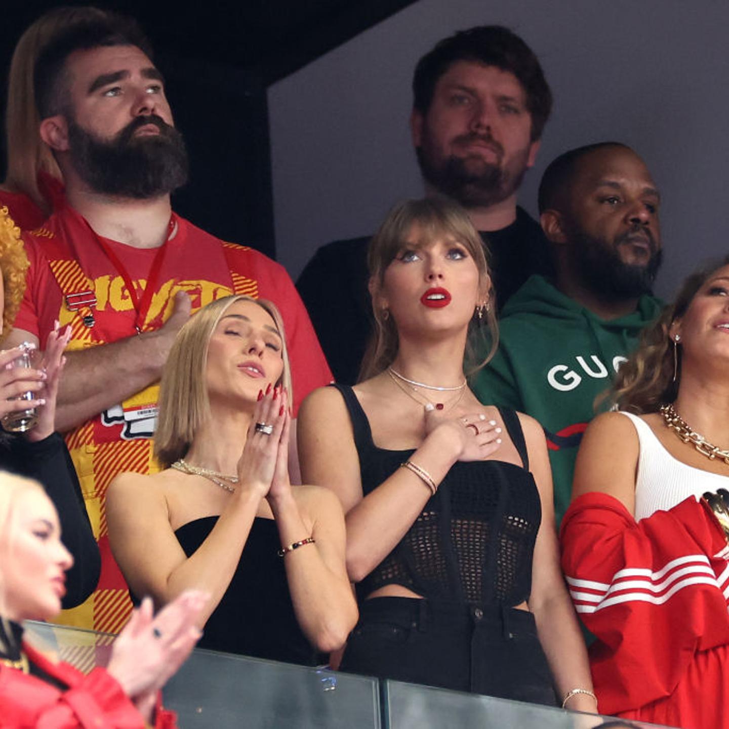 Rapper Ice Spice, NFL player Jason Kelce, singer Taylor Swift, and actress Blake Lively react prior to Super Bowl LVIII between the San Francisco 49ers and Kansas City Chiefs at Allegiant Stadium in Las Vegas on February 11, 2024.