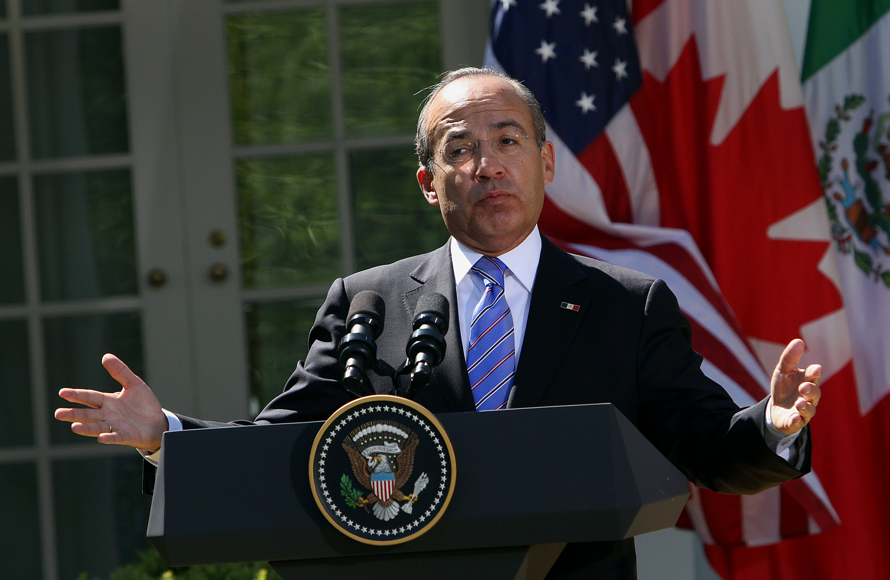 Felipe Calderon, former president of Mexico, speaks during a joint press conference at the Rose Garden of the White House in Washington, D.C., U.S., on Monday, April 2, 2012.