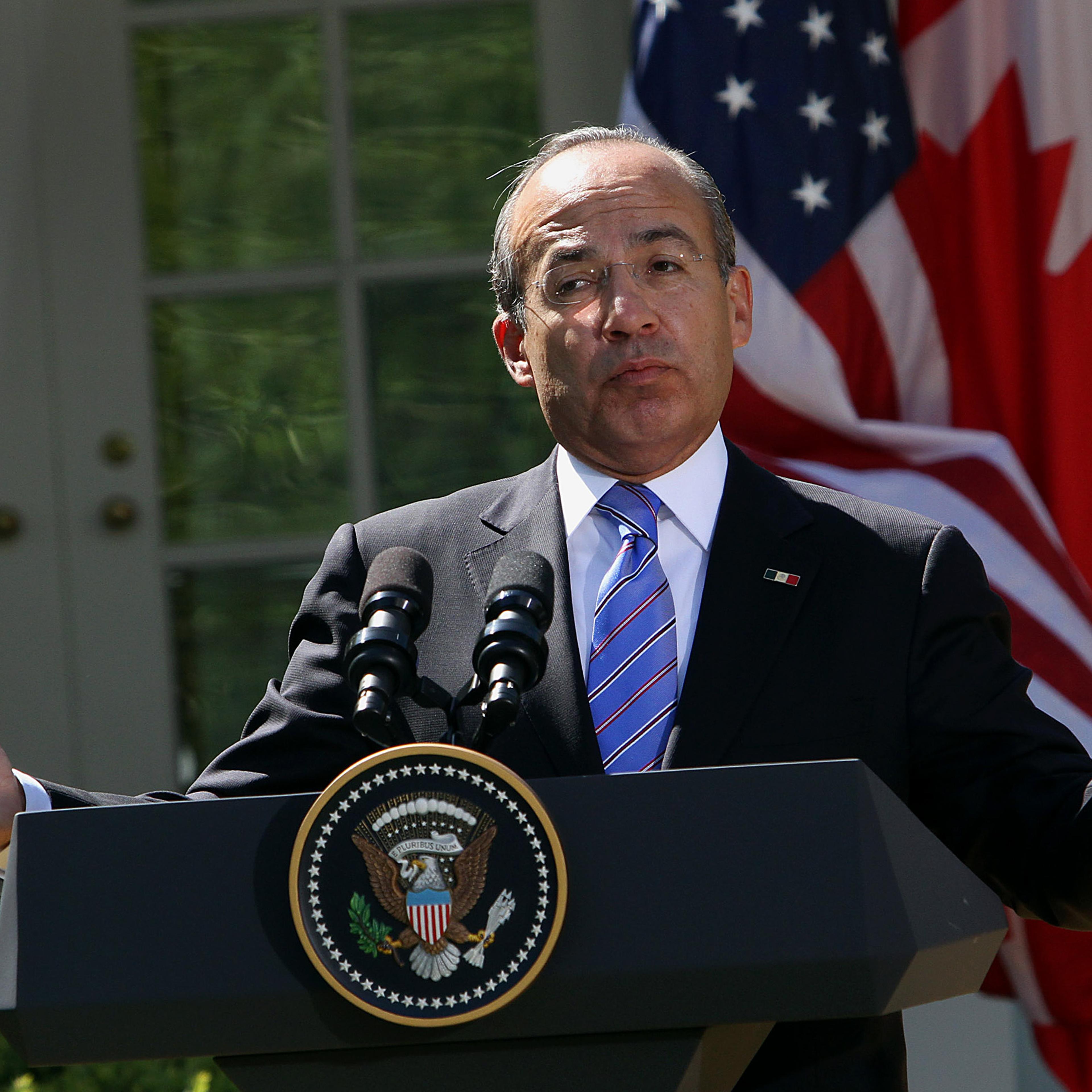 Felipe Calderon, former president of Mexico, speaks during a joint press conference at the Rose Garden of the White House in Washington, D.C., U.S., on Monday, April 2, 2012.