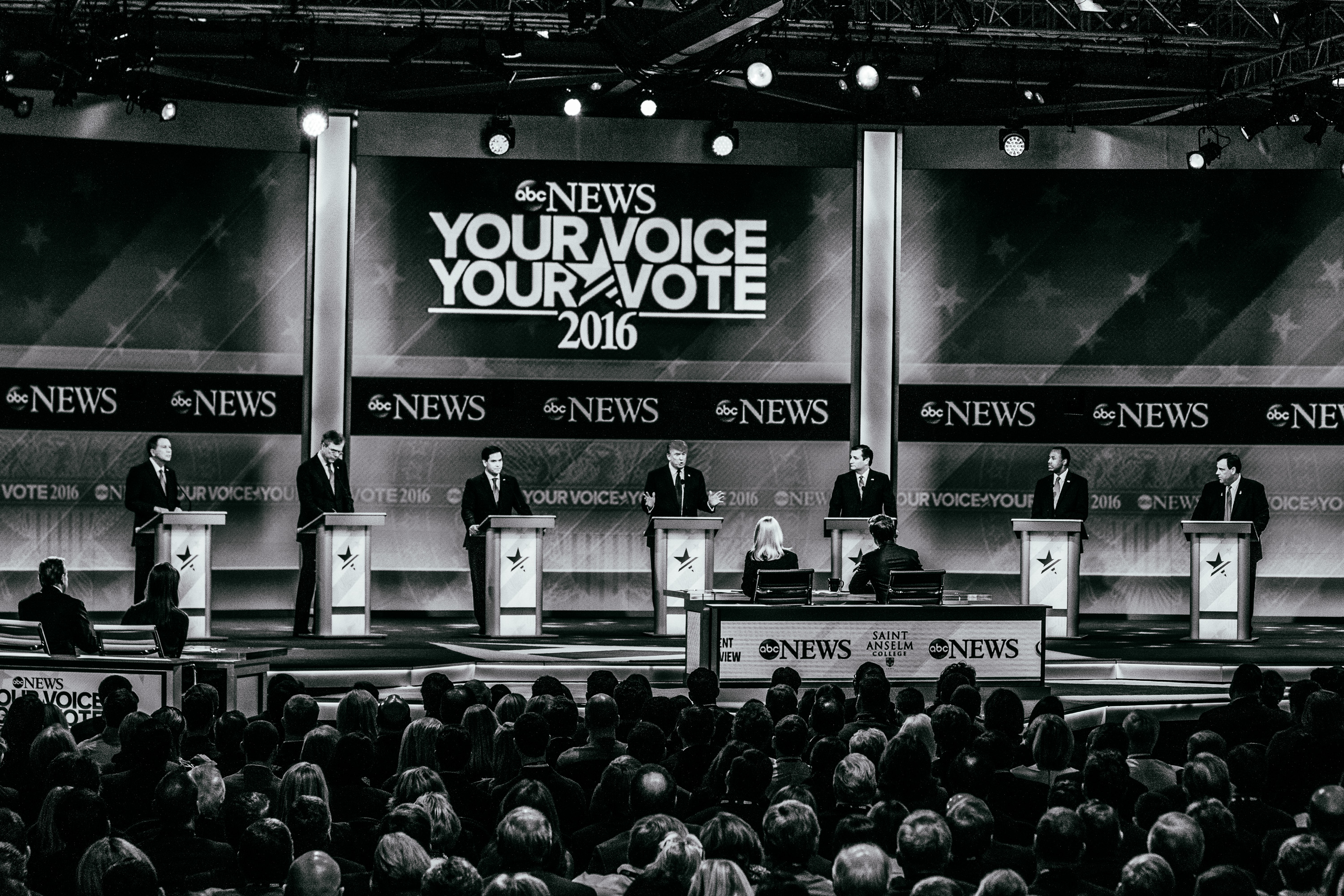 Republican presidential candidates appear onstage during the Republican presidential debate on Feb. 6, 2016, in Manchester, N.H.