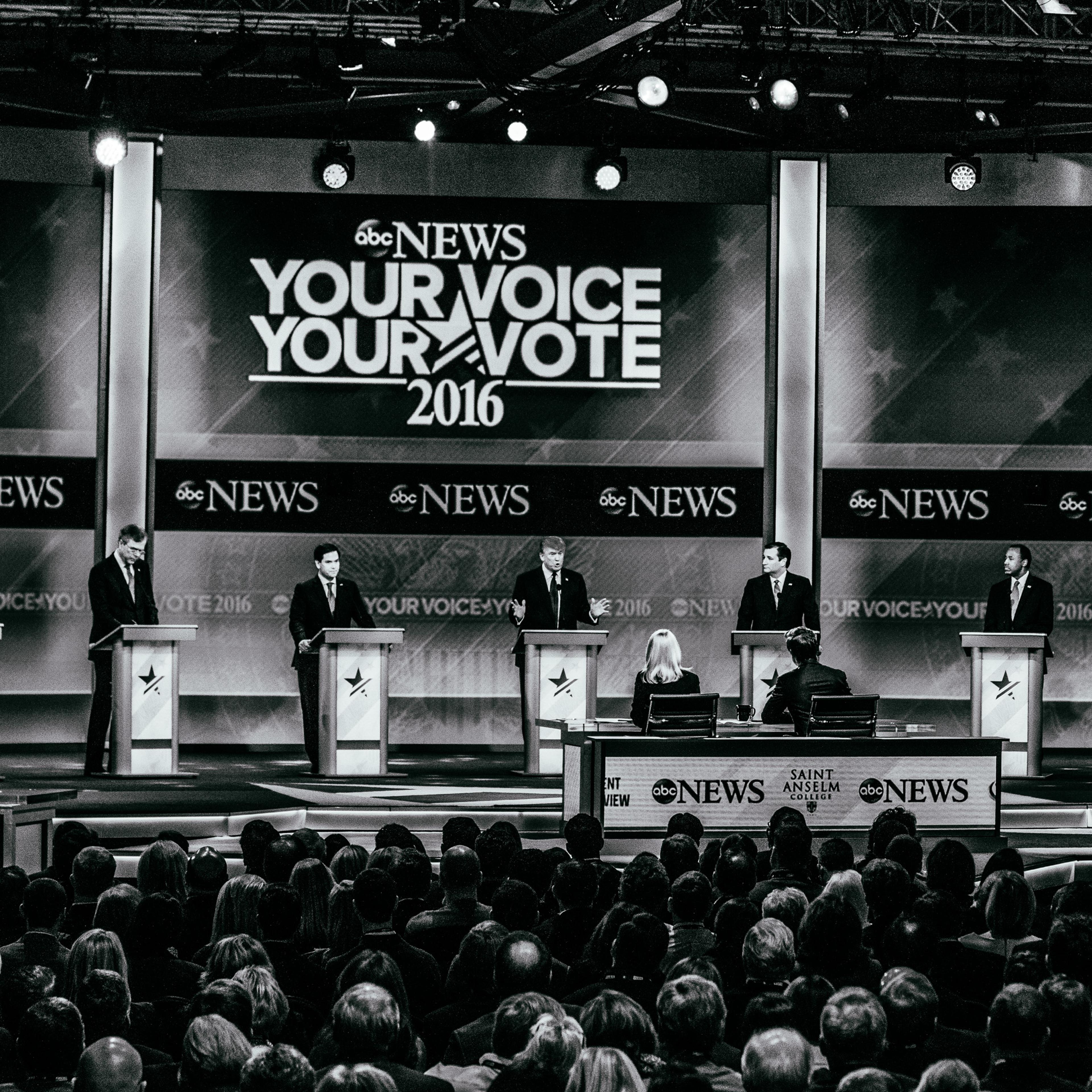 Republican presidential candidates appear onstage during the Republican presidential debate on Feb. 6, 2016, in Manchester, N.H.