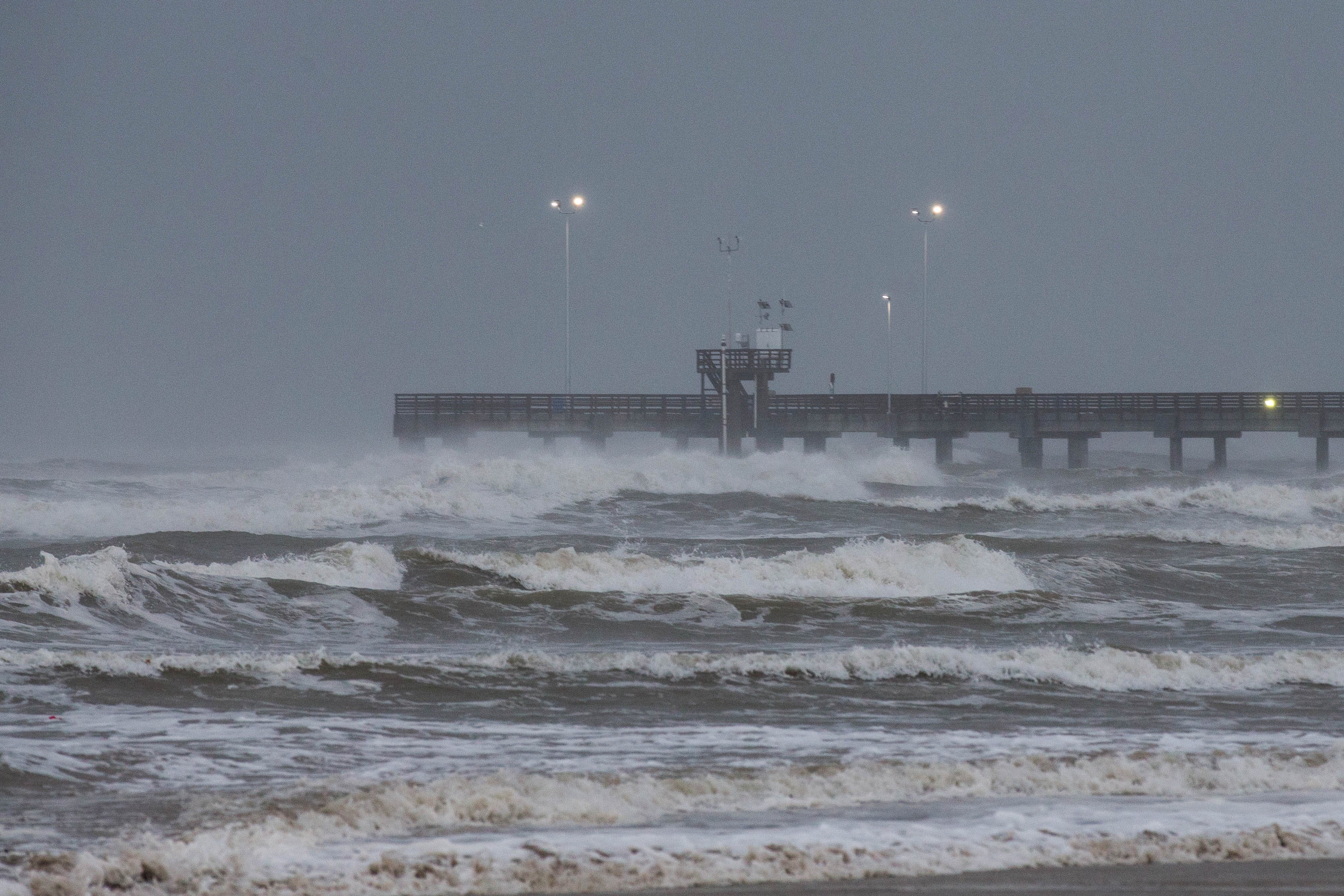 Surf rises at Bob Hall Pier Corpus Christi as Hurricane Harvey approaches Corpus Christi, Texas. Mandatory Credit:
