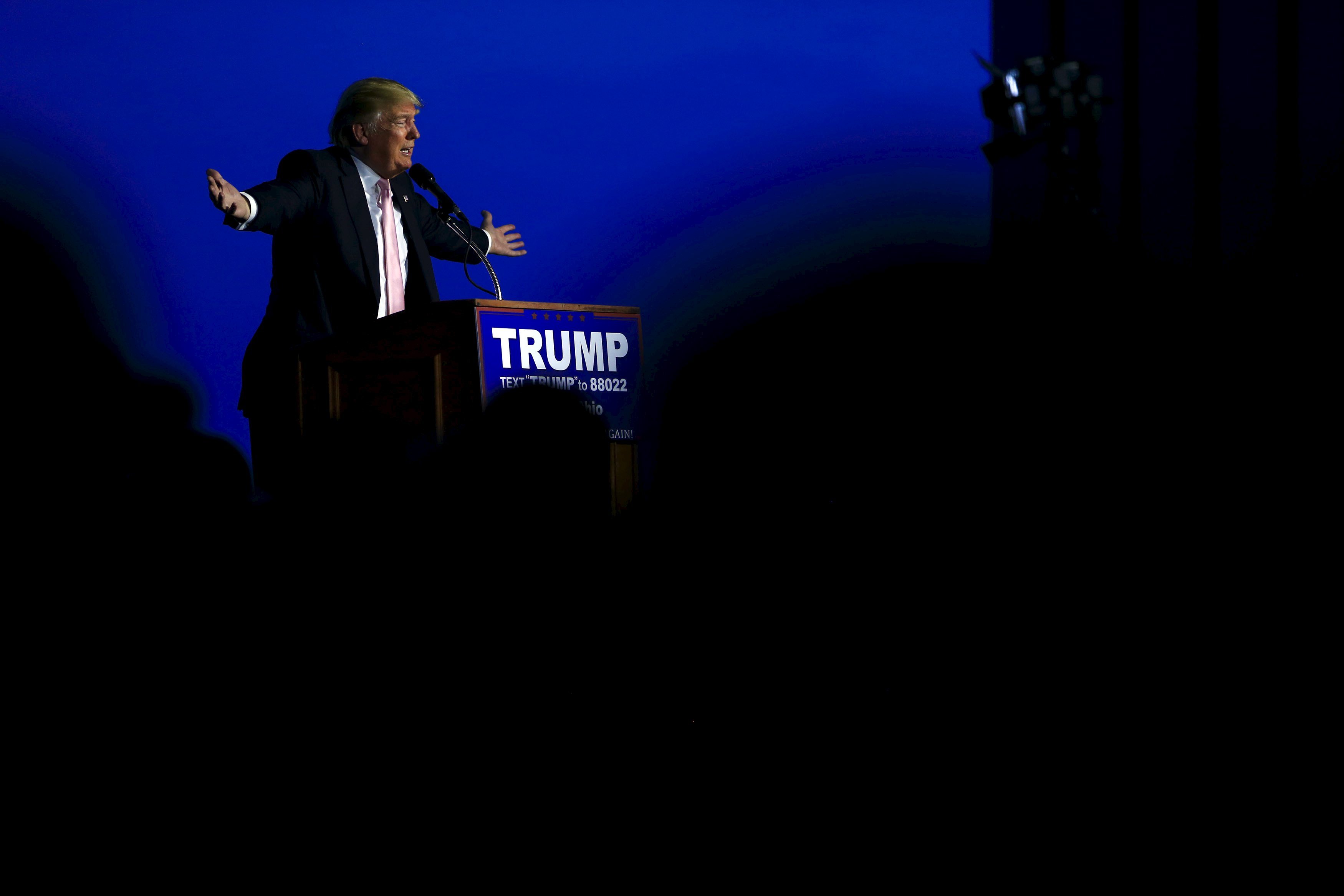 U.S. Republican presidential candidate Donald Trump speaks at a campaign rally at Winner Aviation in Youngstown, Ohio on March 14, 2016.