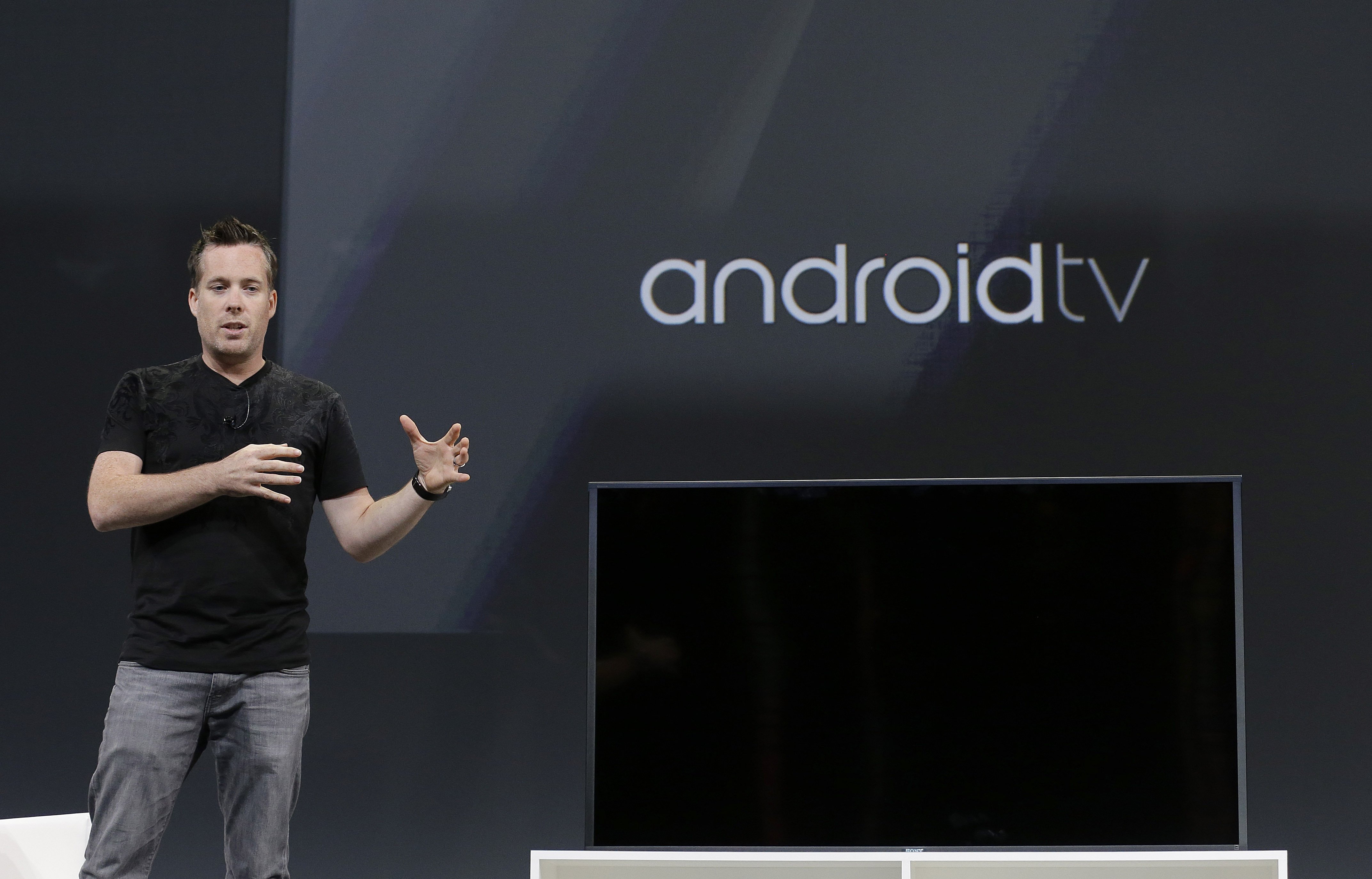 Dave Burke, director of engineering at Android, speaks about Android TV during the Google I/O 2014 keynote presentation in San Francisco on June 25, 2014.
