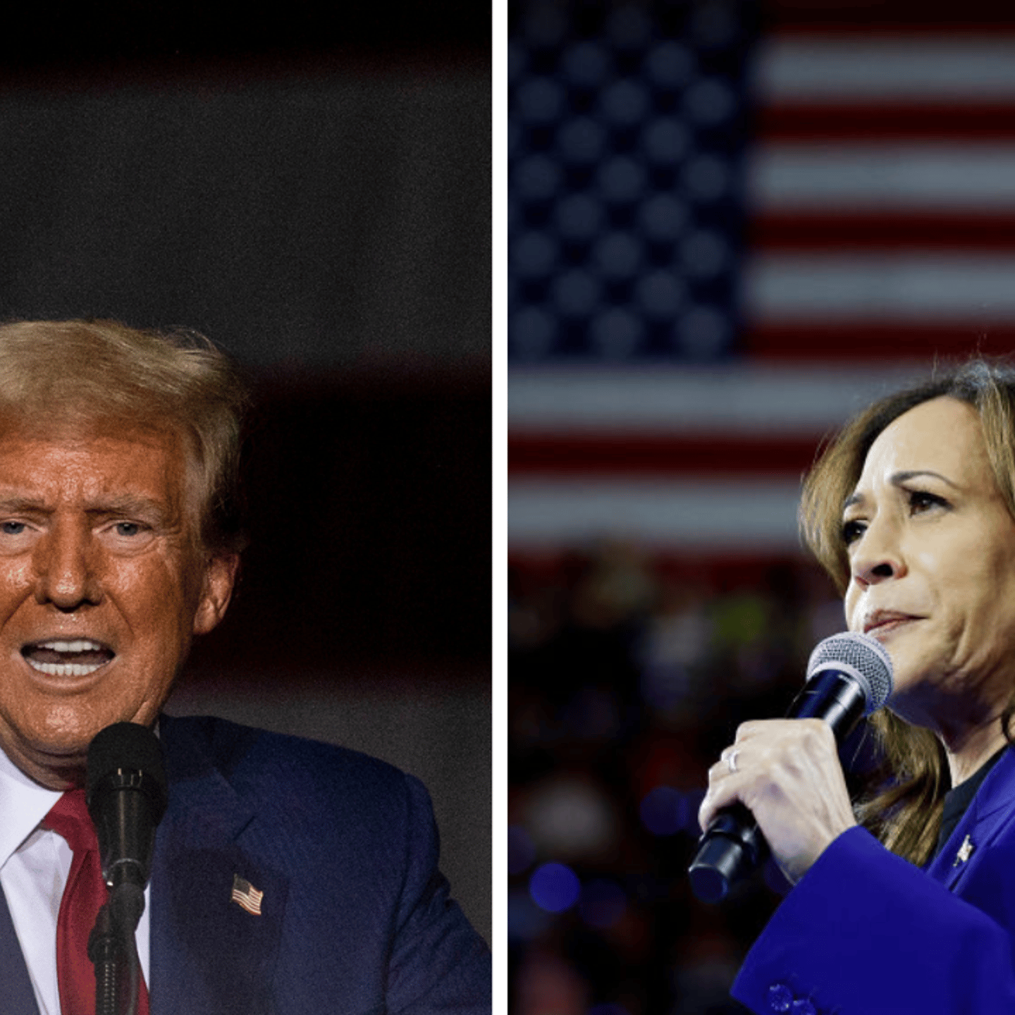 Left: Former US President Donald Trump during a campaign event at Alro Steel in Potterville, Michigan, US, on Thursday, Aug. 29, 2024. Right: Democratic presidential candidate, U.S. Vice President Kamala Harris speaks at a campaign rally at the Fiserv Fo
