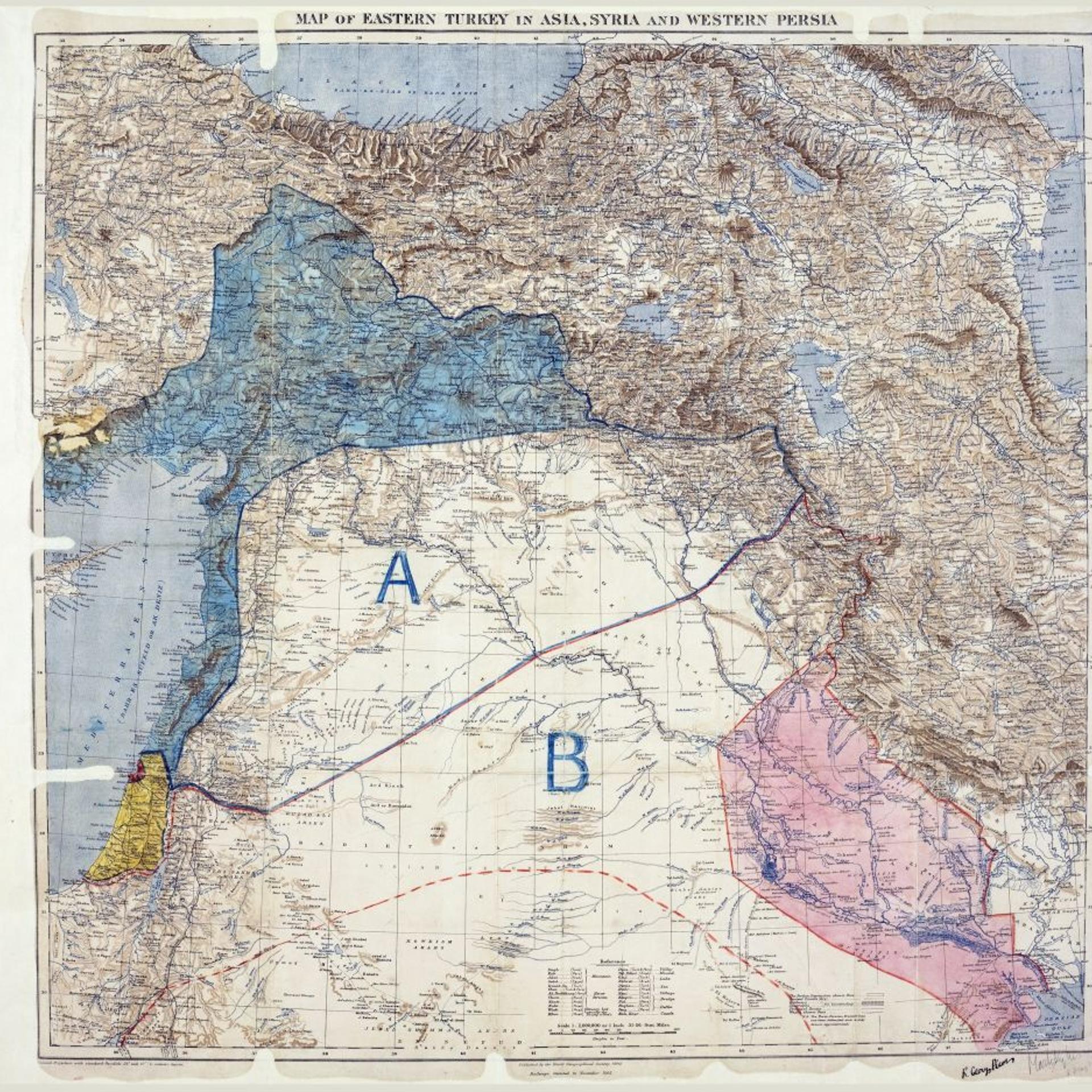 Middle East: Map of the SykesÐPicot Agreement showing areas of control and influence agreed between the British and the French. Royal Geographical Society, 1910-15. Signed by Mark Sykes and Francois Georges-Picot, 8 May 1916.