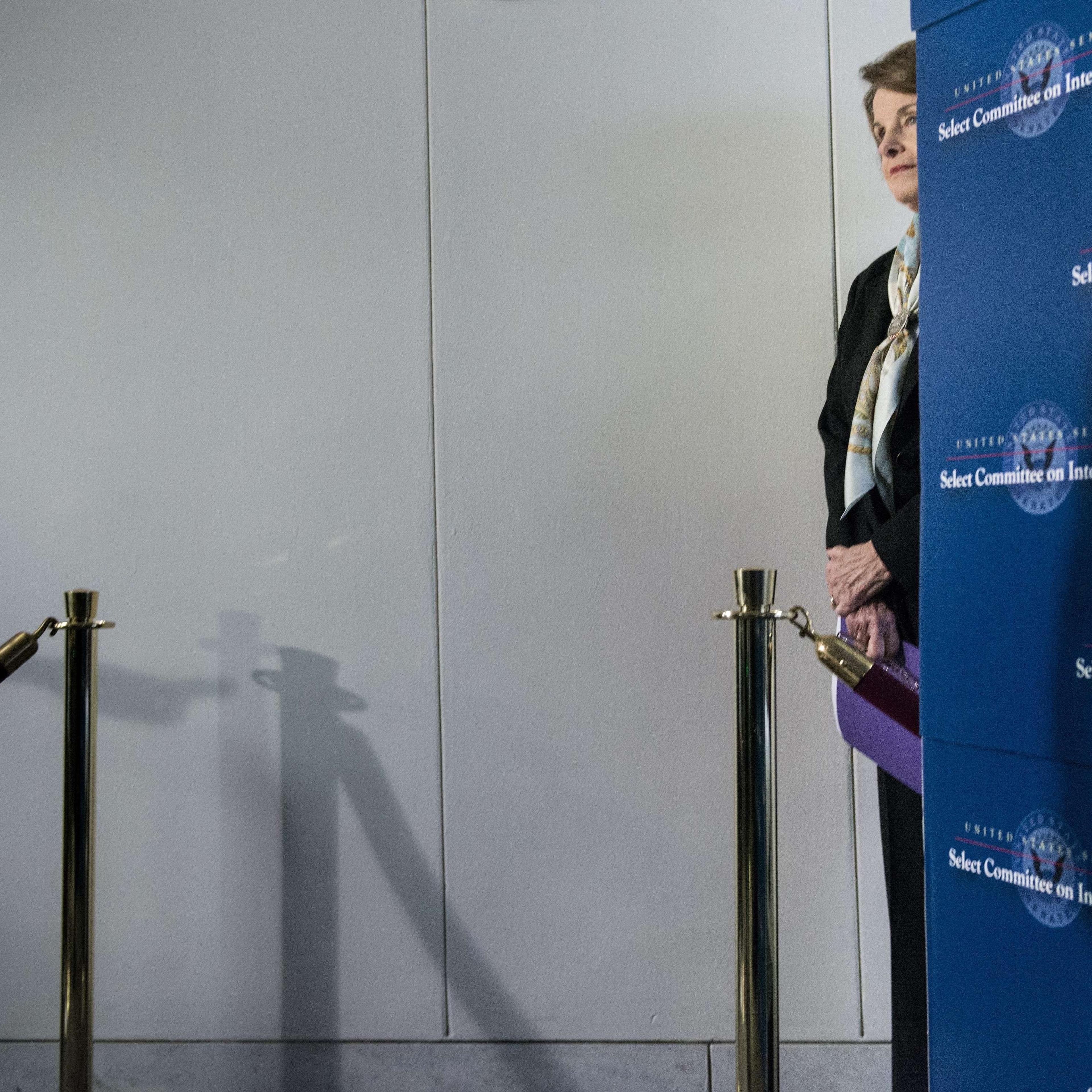 Senator Dianne Feinstein D-CA waits to speak to the media after a closed meeting of the Senate Intelligence Committee on Capitol Hill