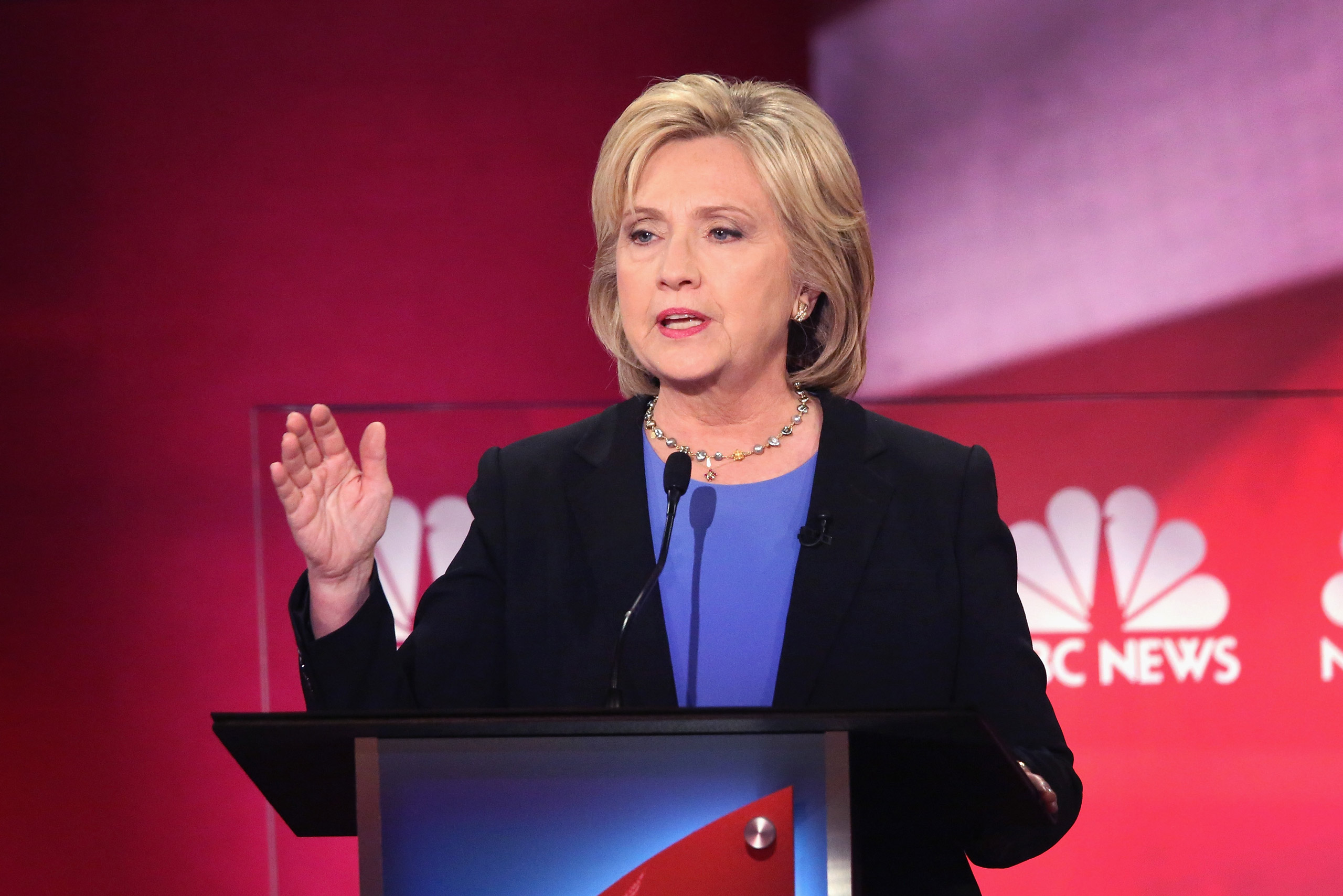 CHARLESTON, SC - JANUARY 17: Democratic presidential candidate Hillary Clinton participates in the Democratic Candidates Debate hosted by NBC News and YouTube on January 17, 2016 in Charleston, South Carolina. This is the final debate for the Democratic 